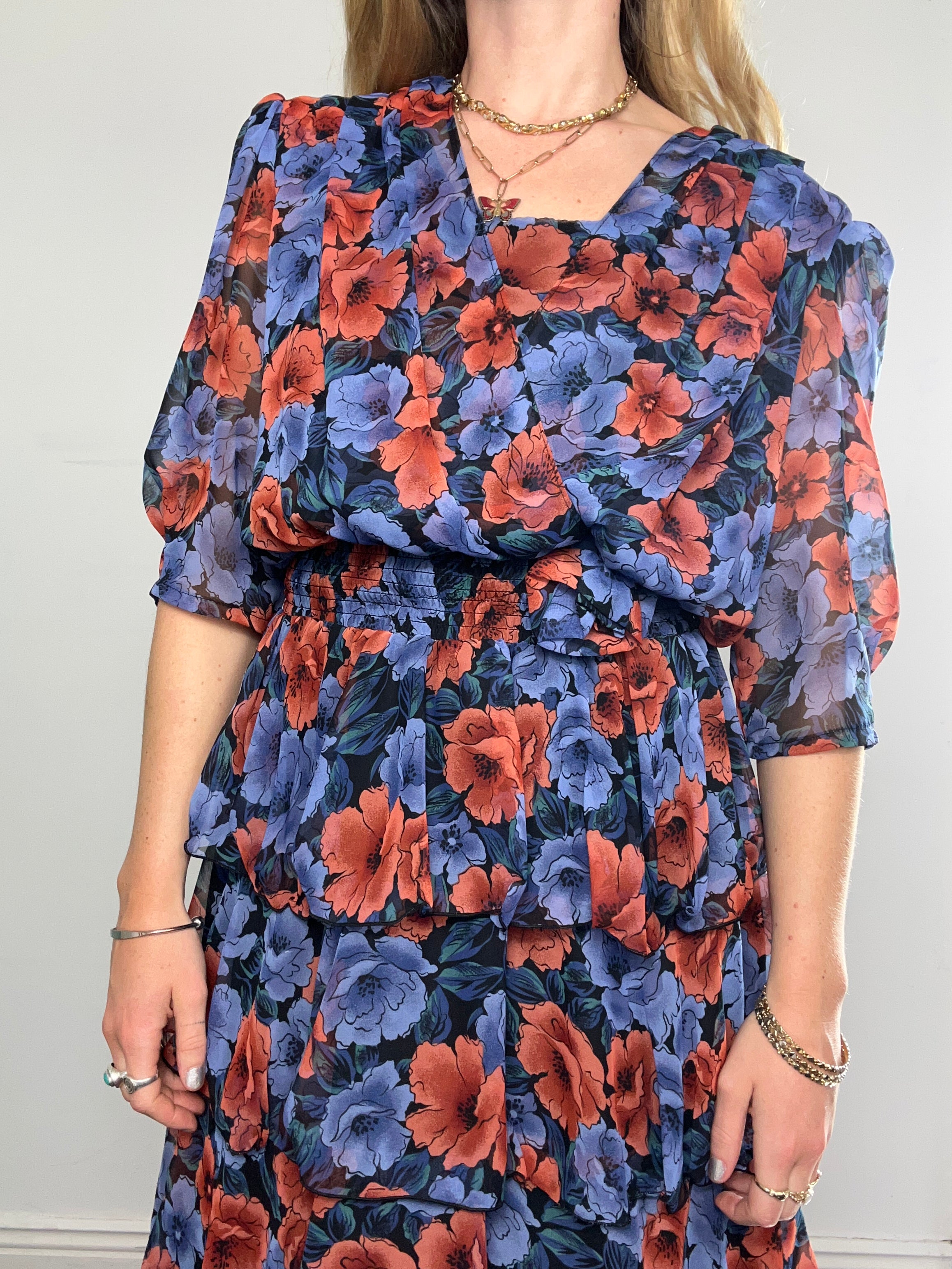 Floral 80's Ruffle Midi Dress Size 10