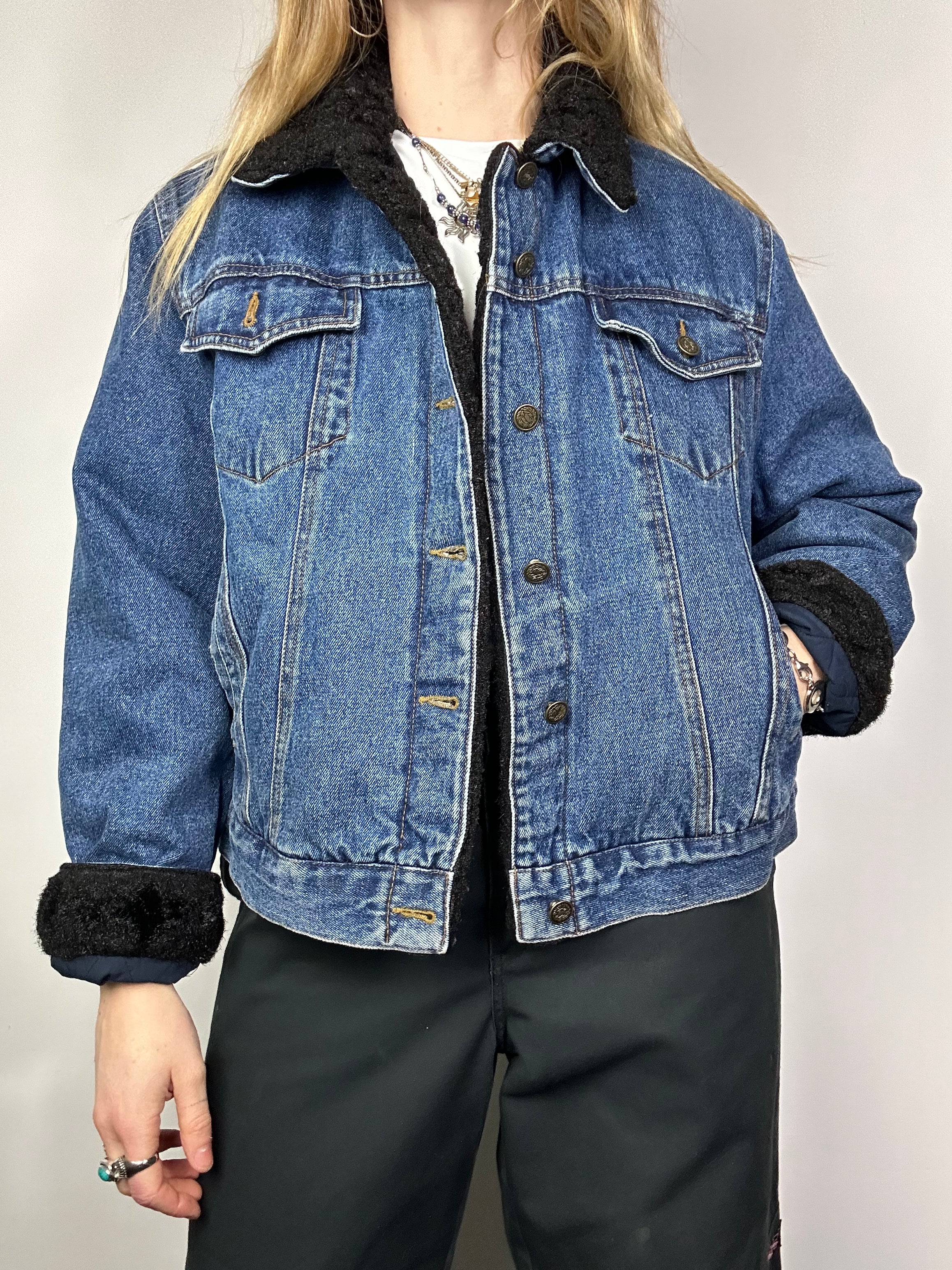 Shearling Fur cuff Denim Jacket Size S