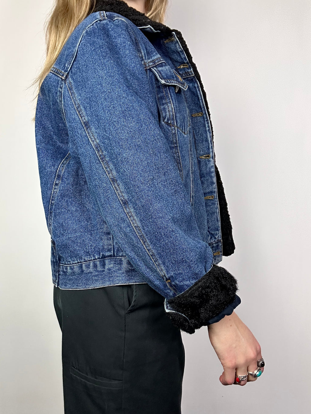 Shearling Fur cuff Denim Jacket Size S