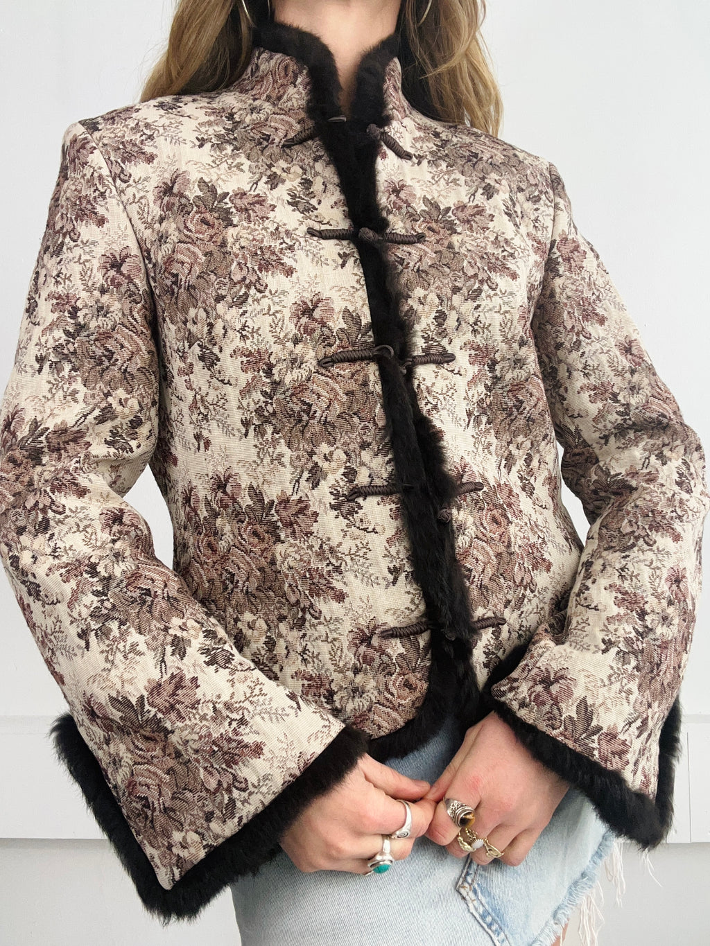 Frog Clasp Fur Trim Tapestry Jacket Size 10