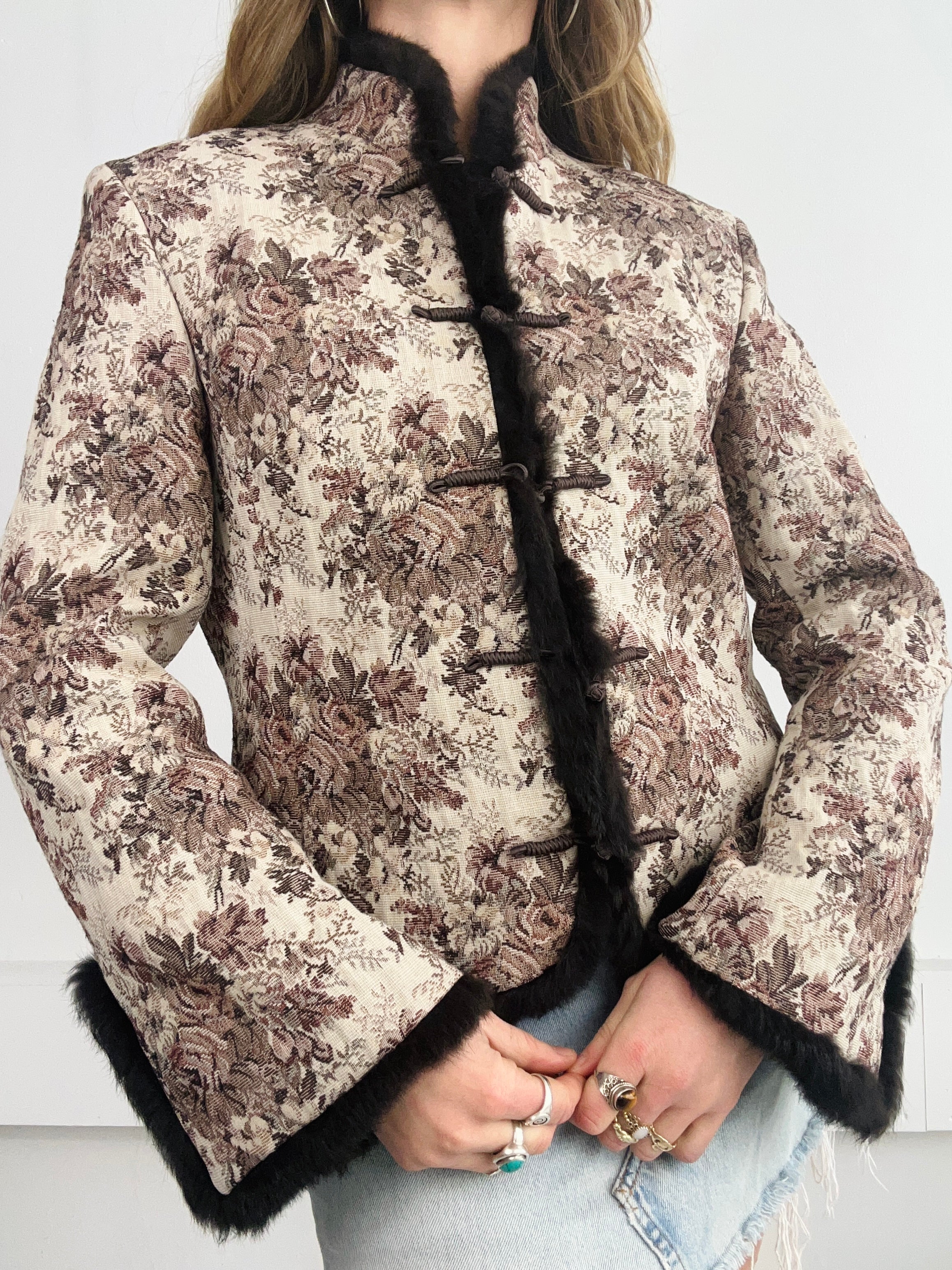 Frog Clasp Fur Trim Tapestry Jacket Size 10