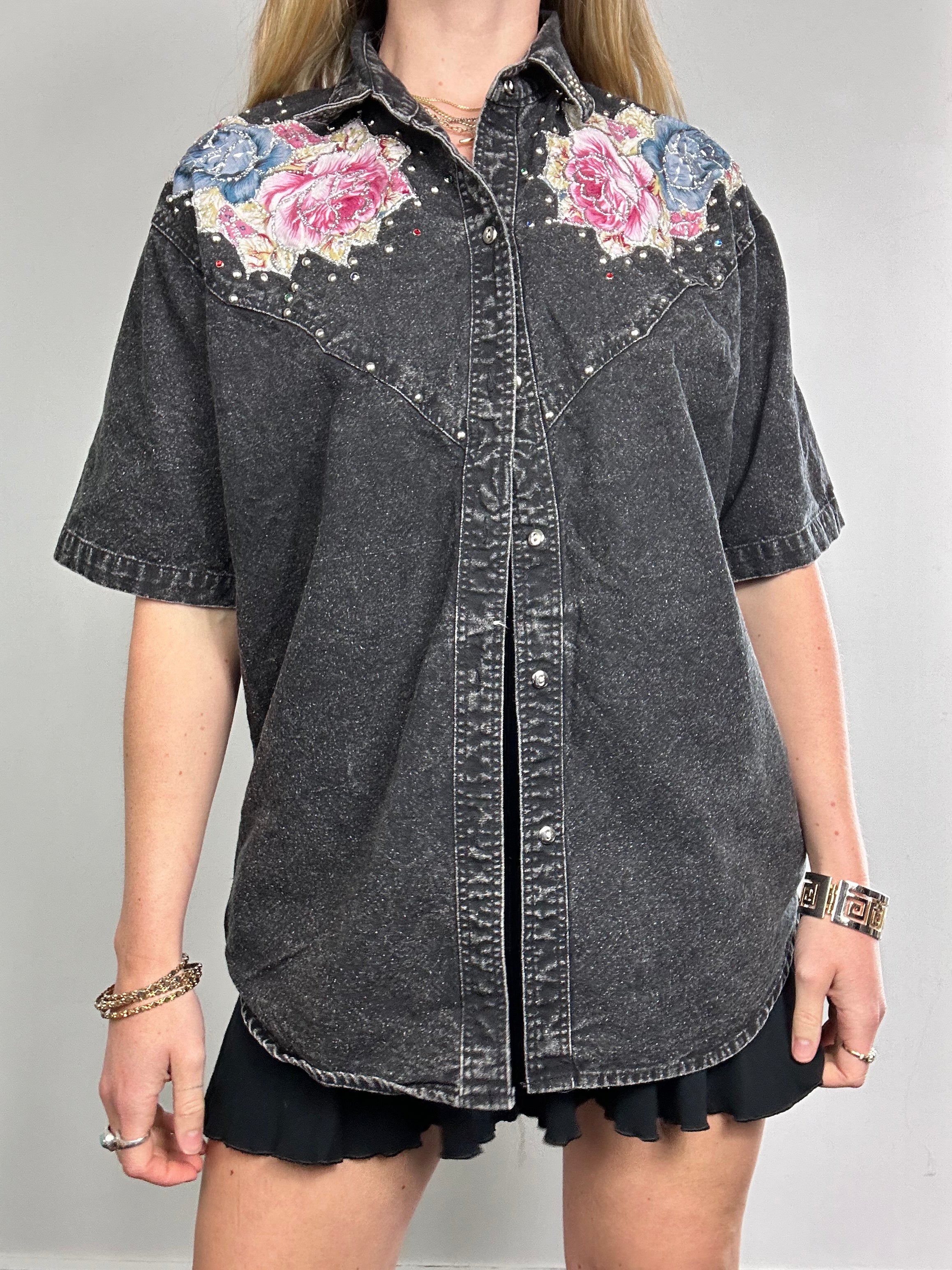 Acid Wash Denim Embellished Shirt Size M