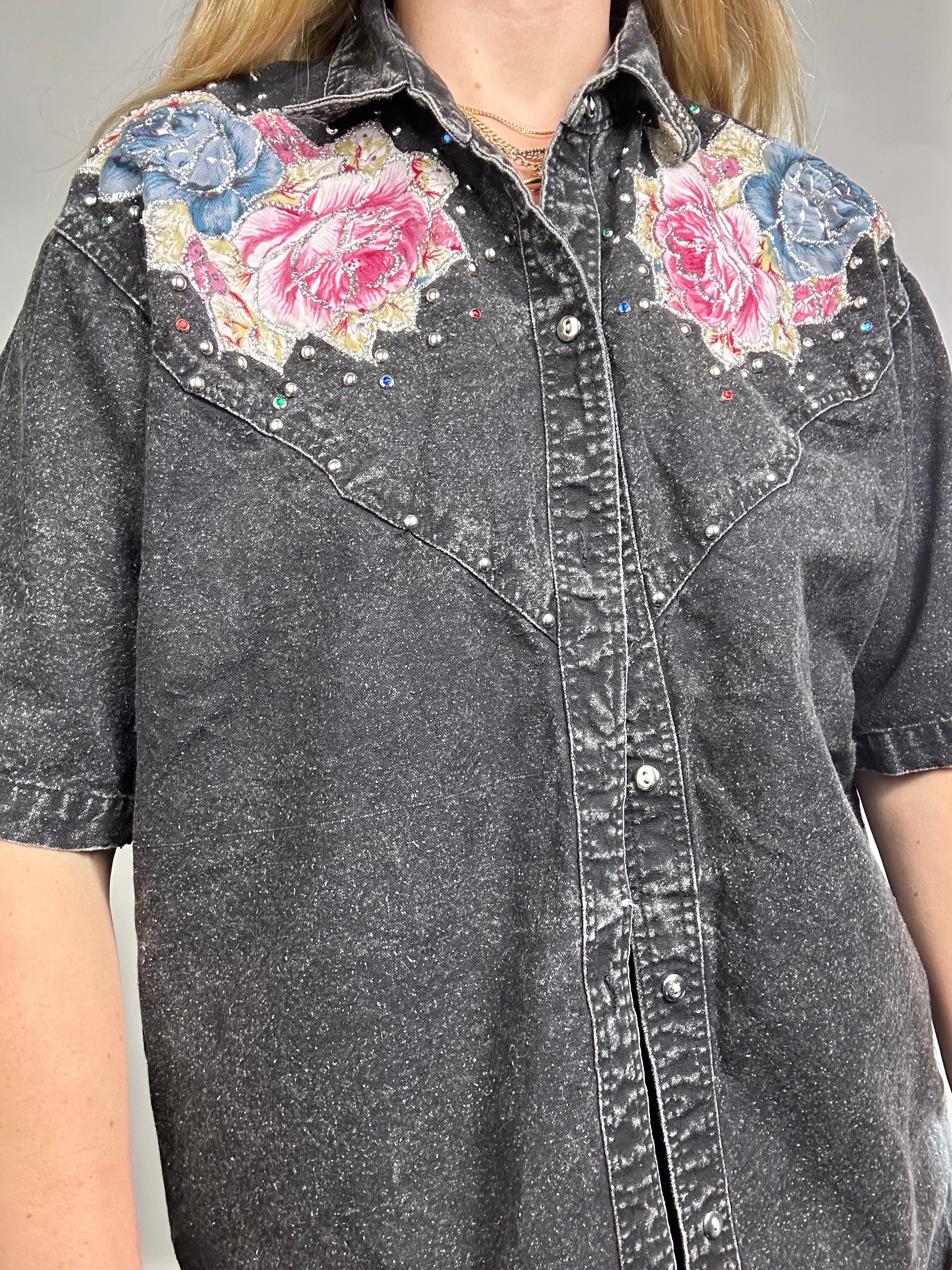 Acid Wash Denim Embellished Shirt Size M