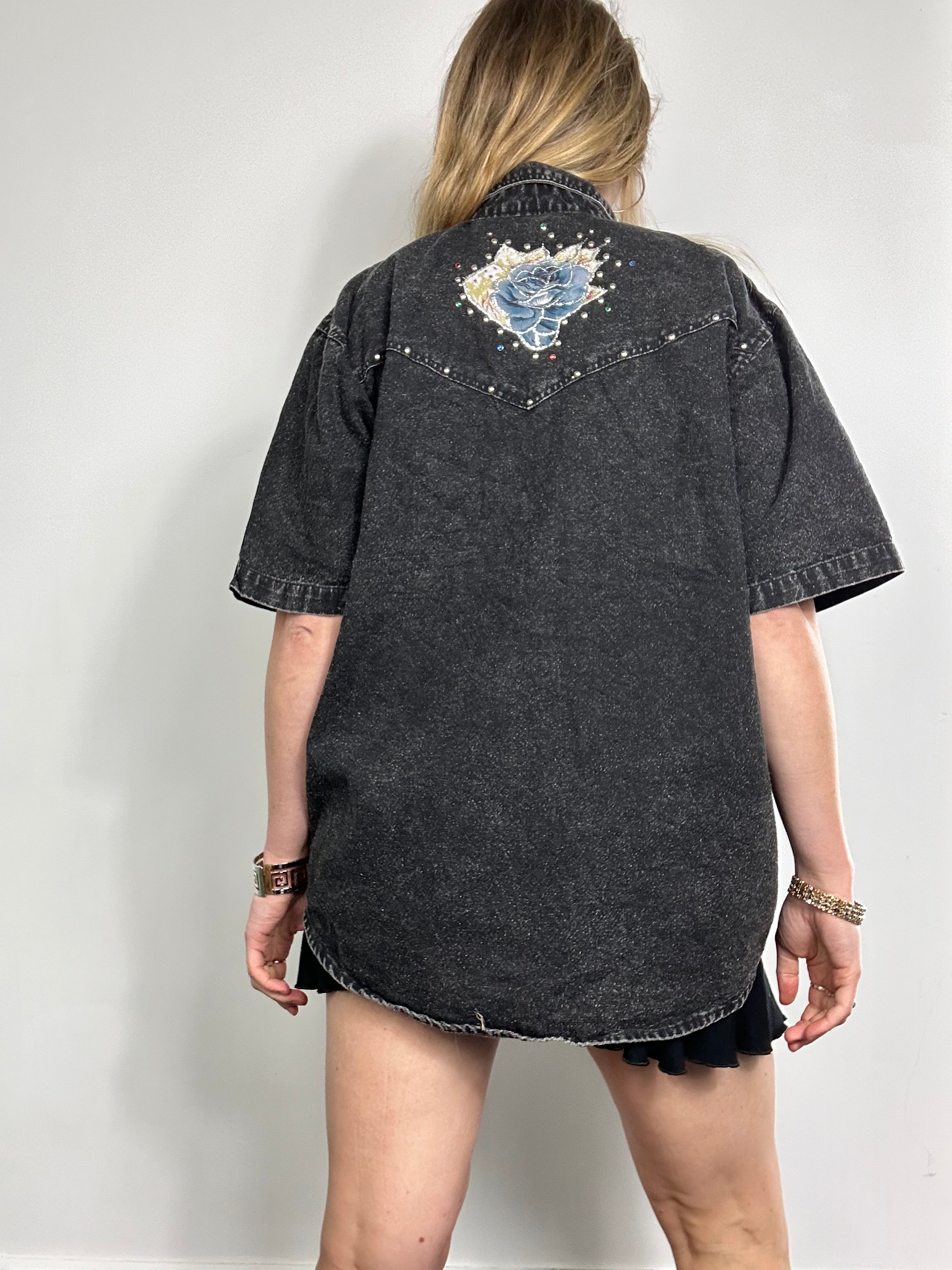 Acid Wash Denim Embellished Shirt Size M