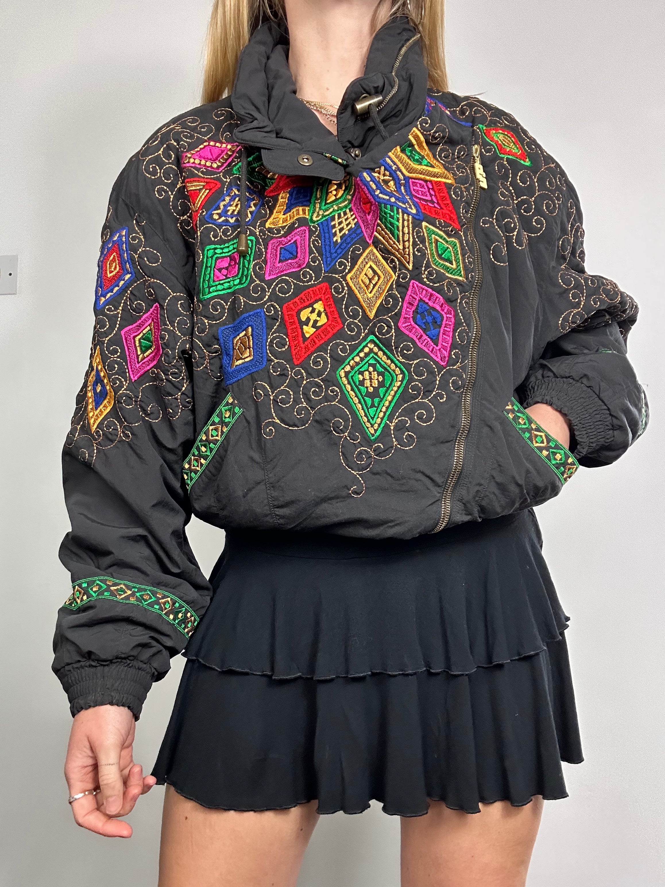 Cropped 80's Embroidered Bomber Jacket Size 10