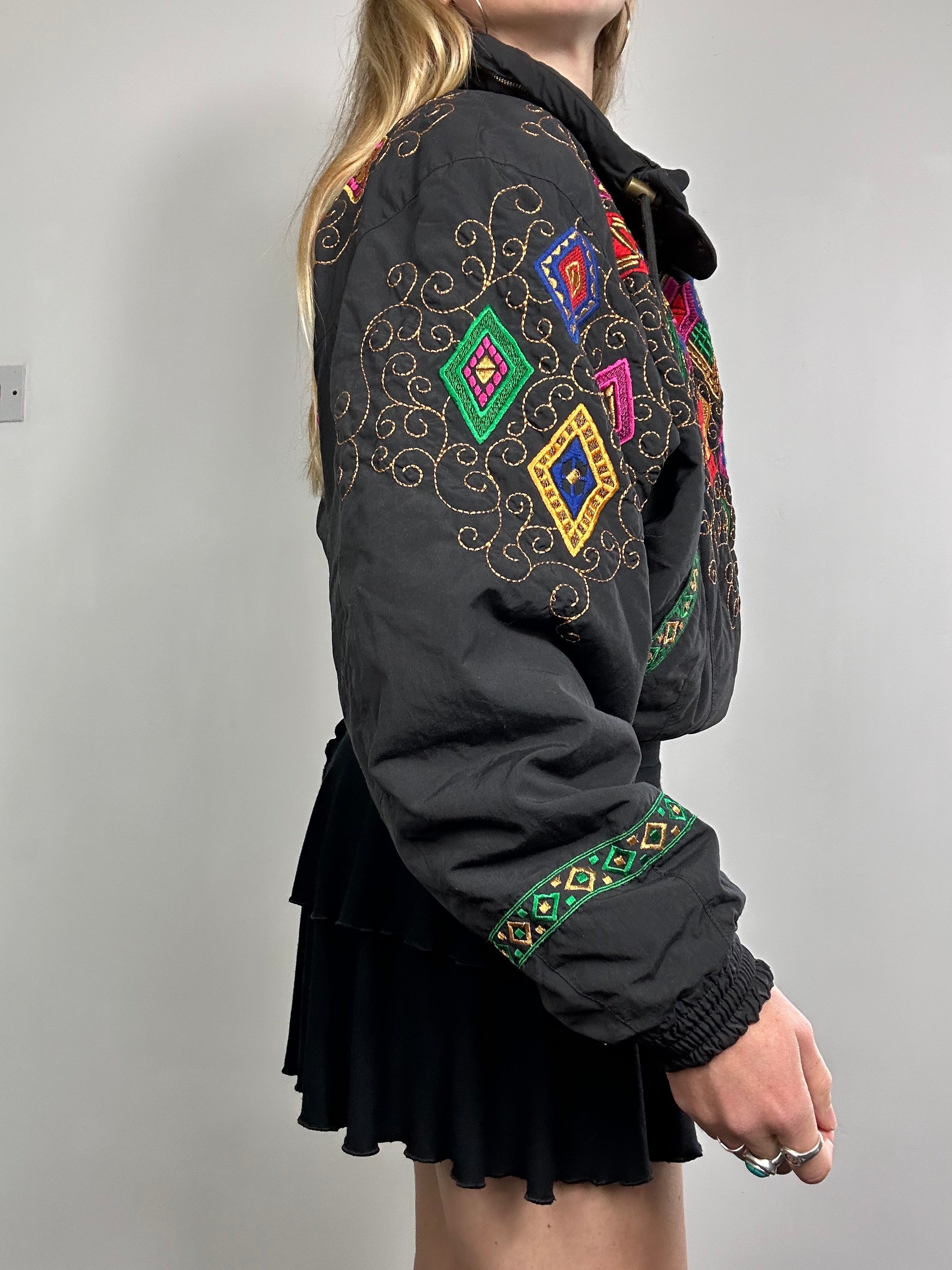 Cropped 80's Embroidered Bomber Jacket Size 10