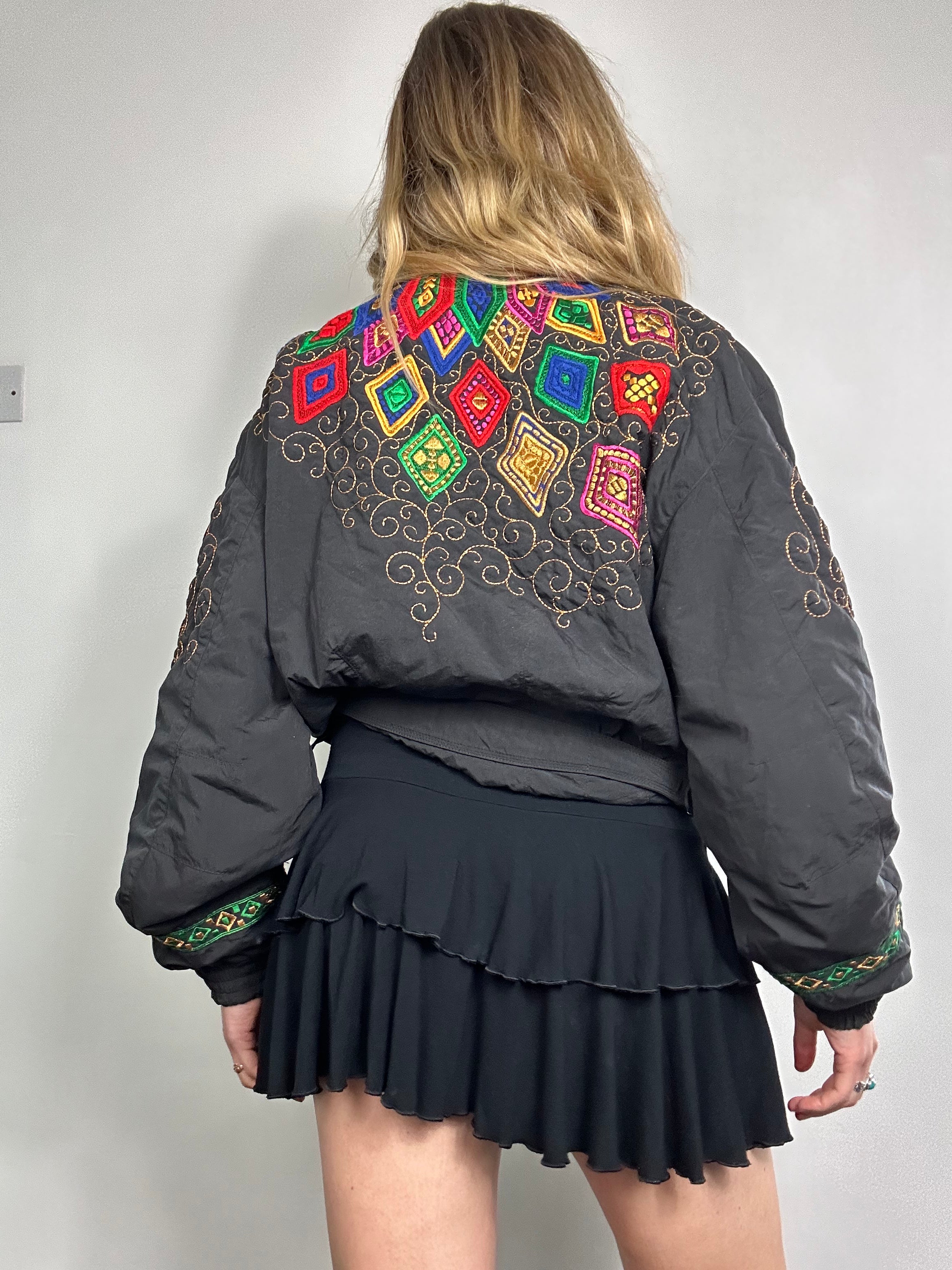 Cropped 80's Embroidered Bomber Jacket Size 10