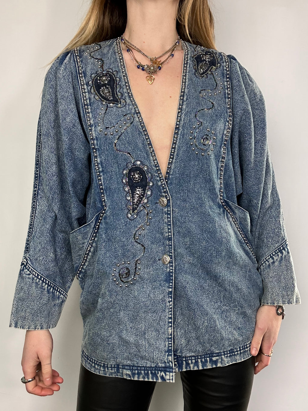 V Neck 80's Embroirered Denim Jacket Size 10