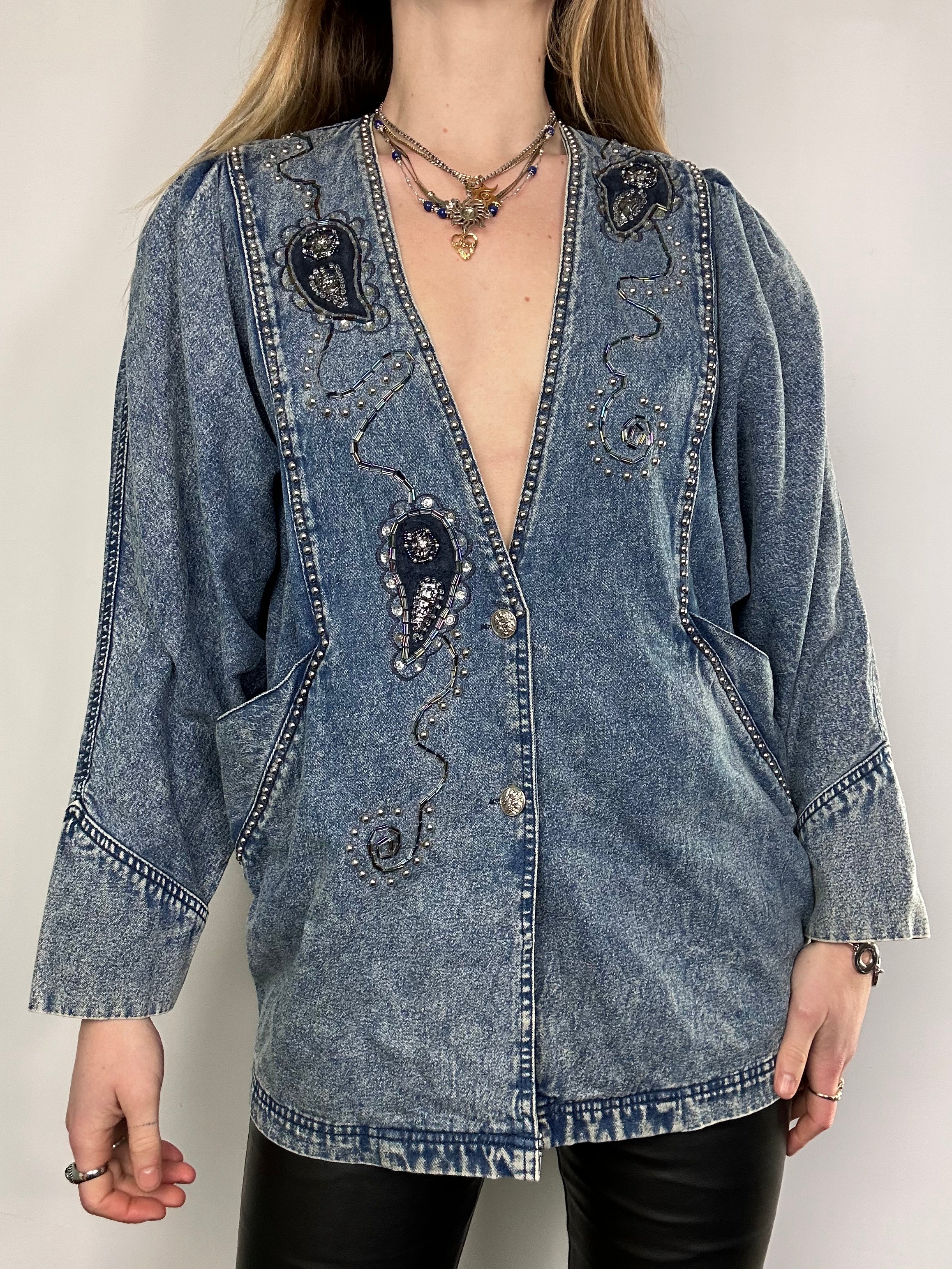 V Neck 80's Embroirered Denim Jacket Size 10