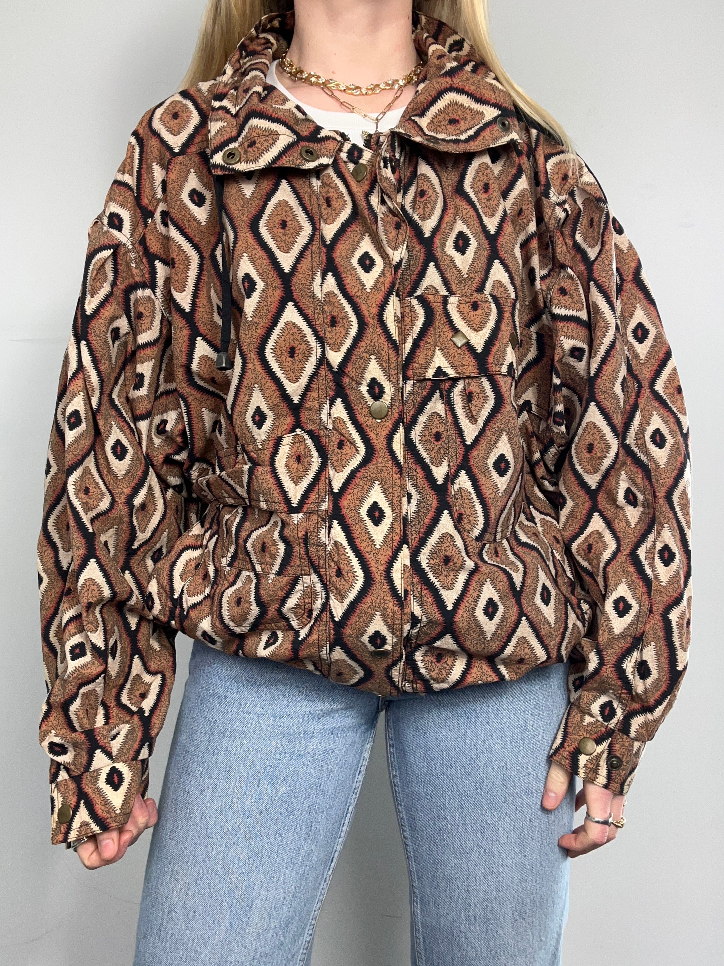 Brown Geo Print Bomber Jacket Size M