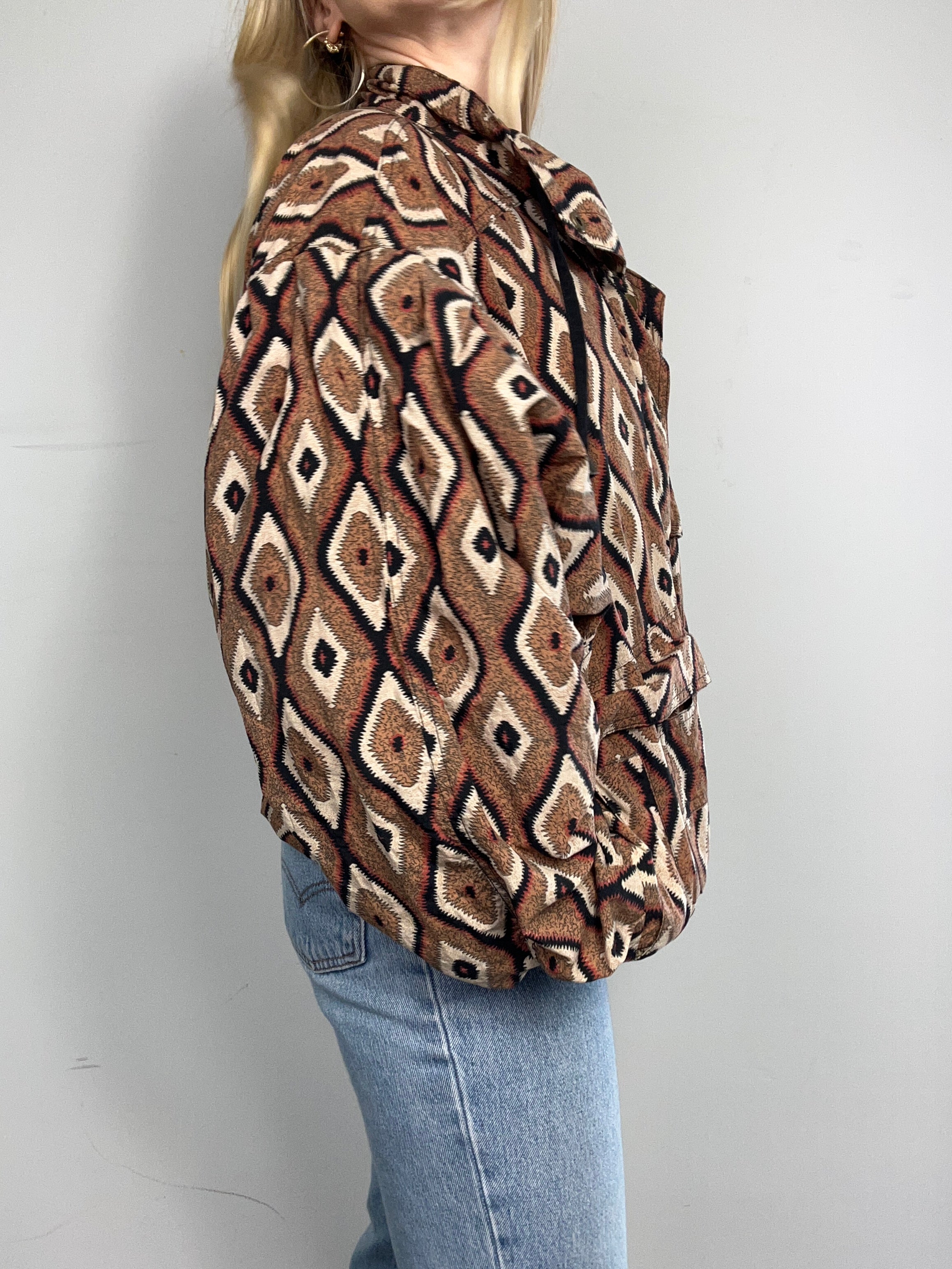 Brown Geo Print Bomber Jacket Size M