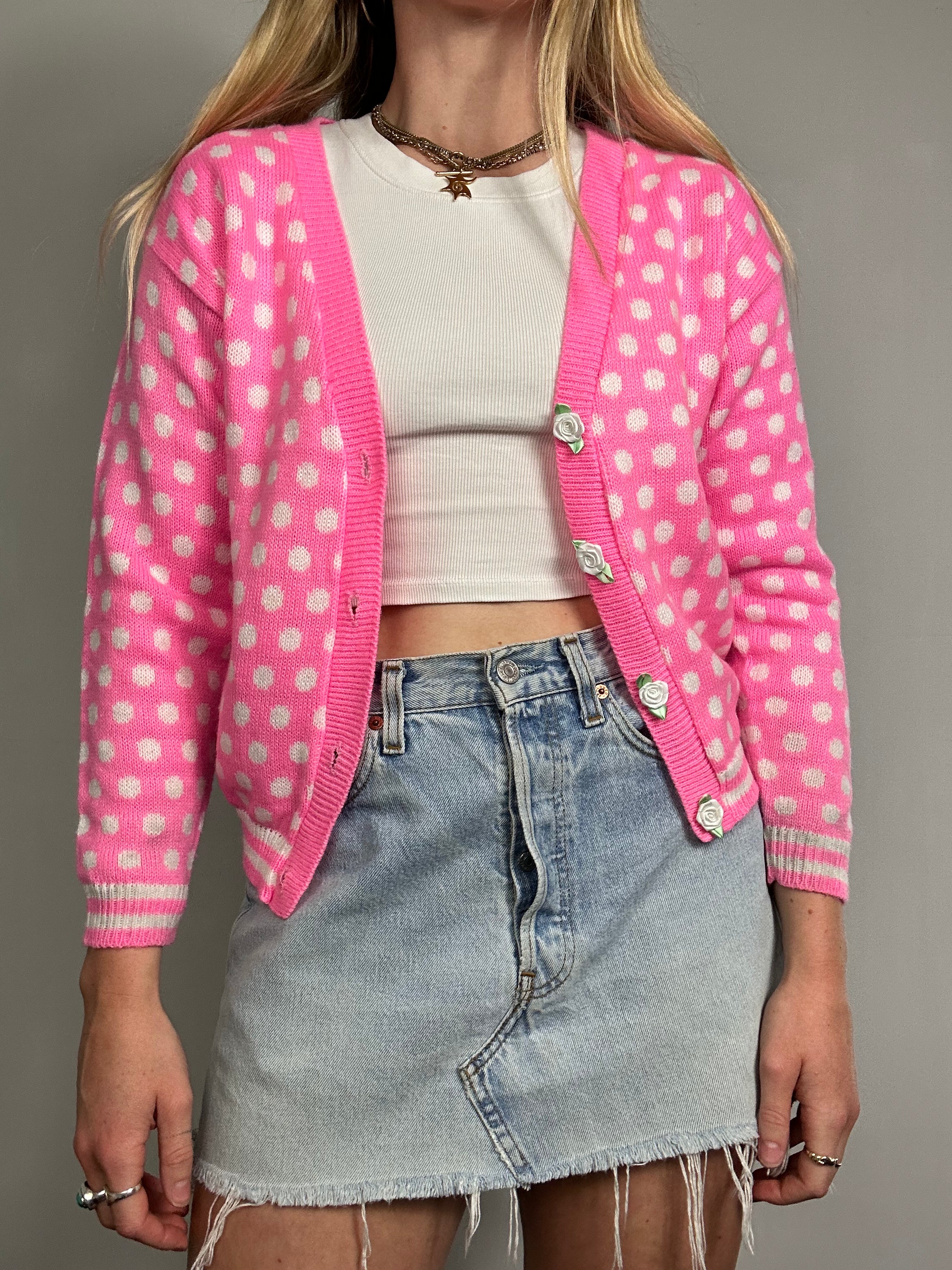 Pink 80's Polkadot Cardigan Size S