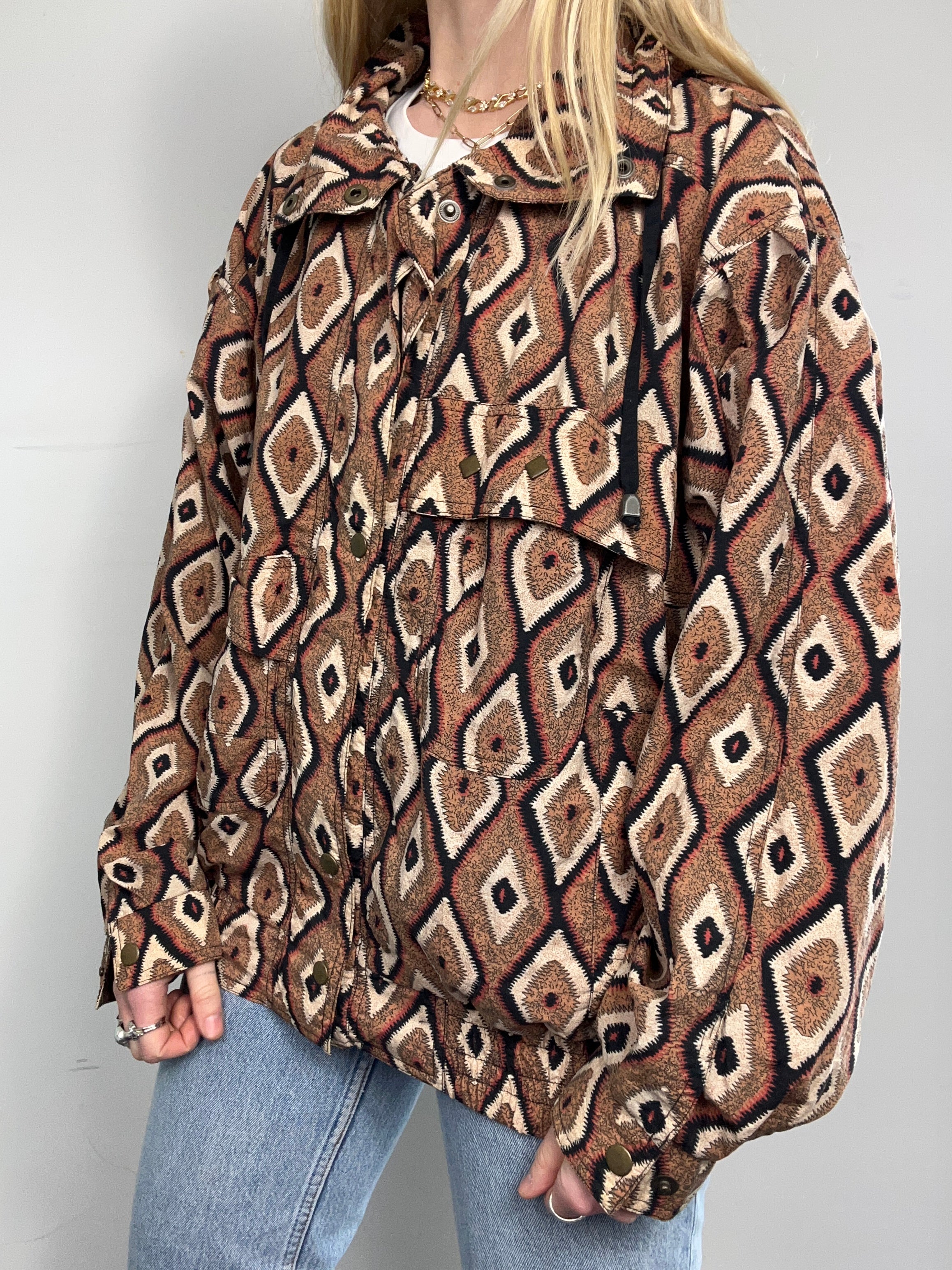 Brown Geo Print Bomber Jacket Size M