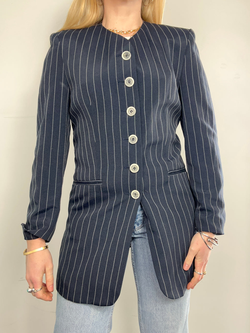 Striped Navy 80's Pinstripe Blazer Size 10