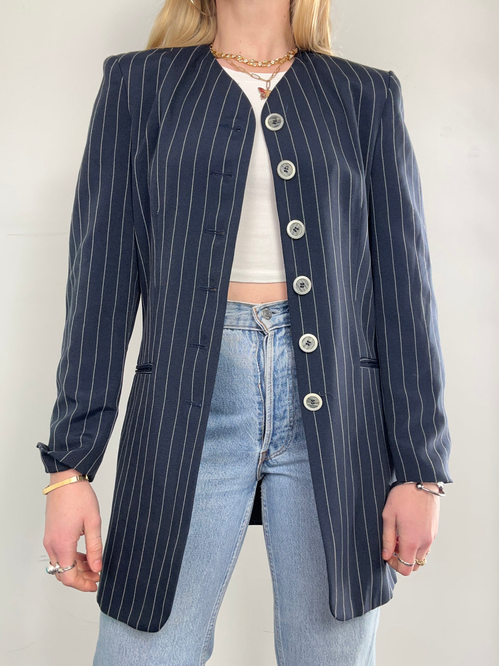 Striped Navy 80's Pinstripe Blazer Size 10