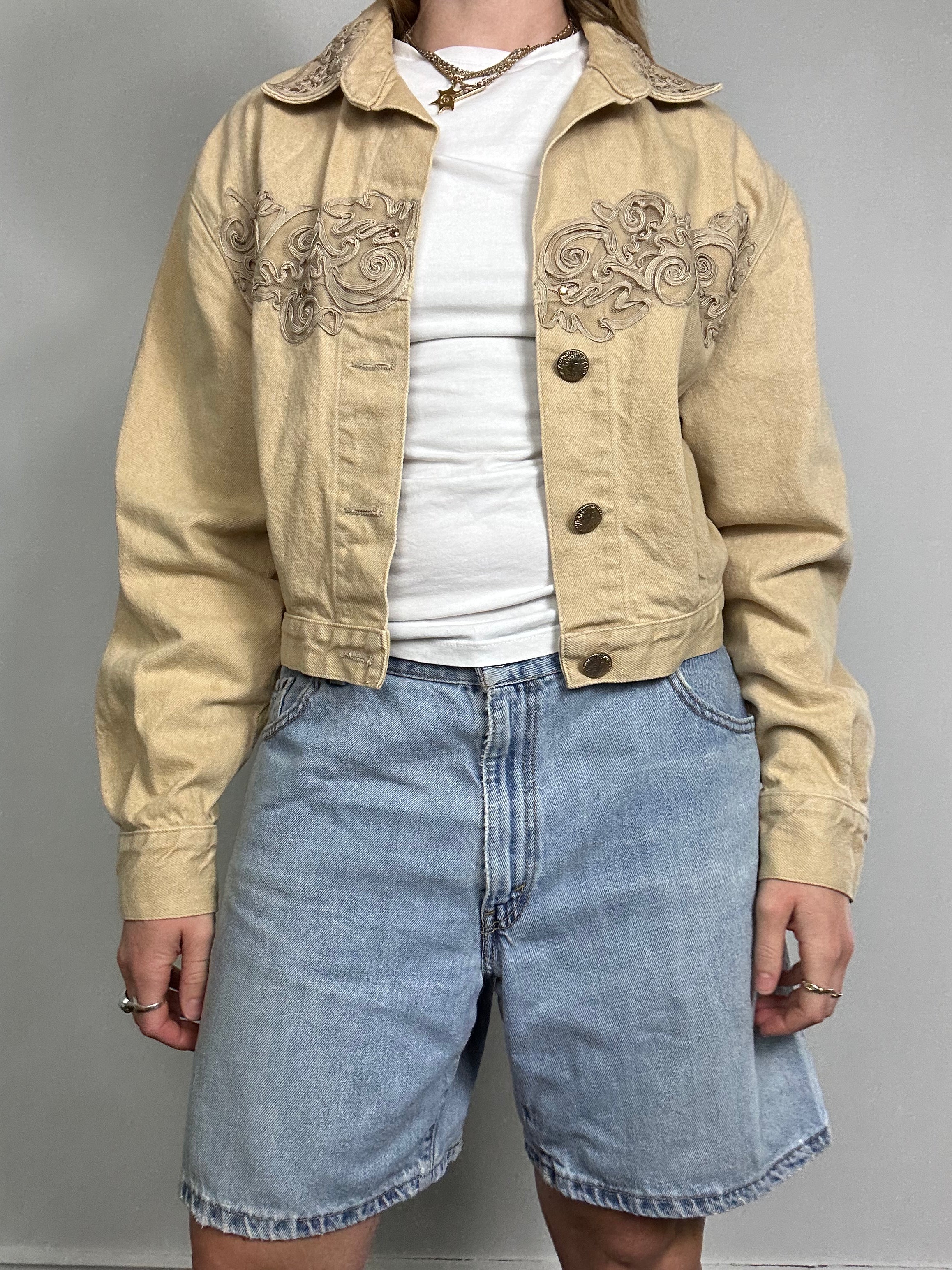 Beige Cropped Denim 80's Jacket Size 10