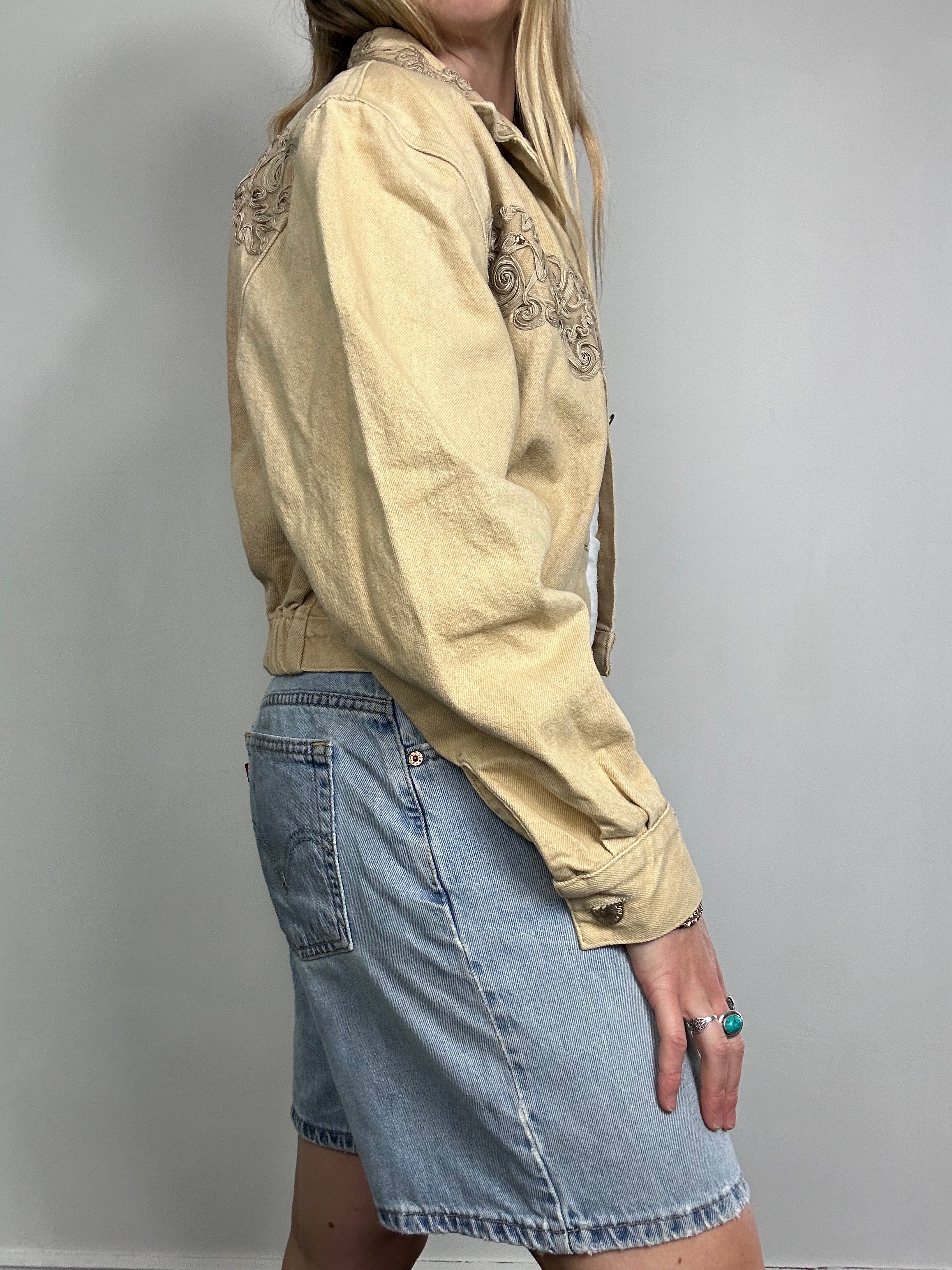 Beige Cropped Denim 80's Jacket Size 10