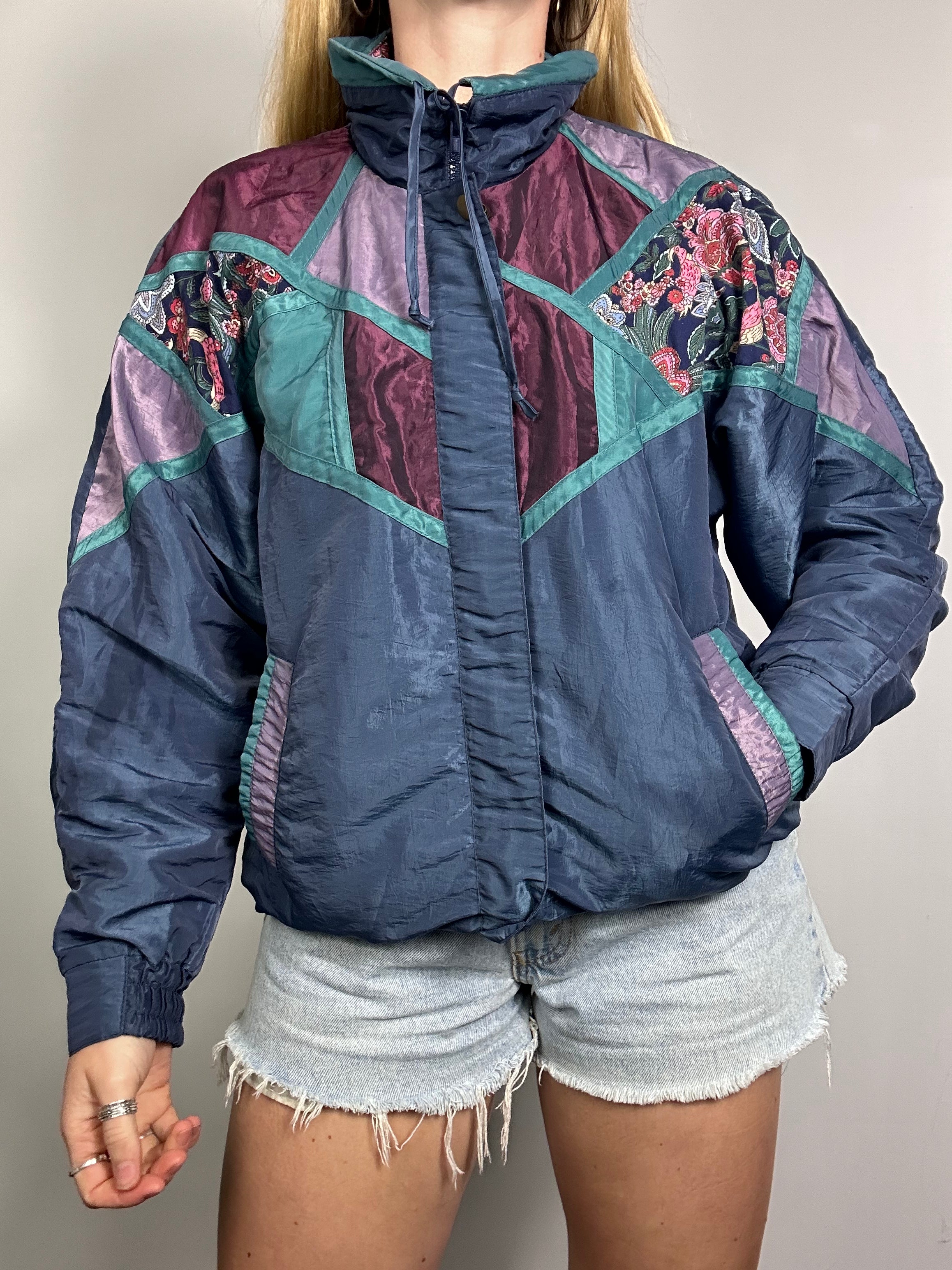 Patchwork 80's Blue Bomber Jacket Size 10