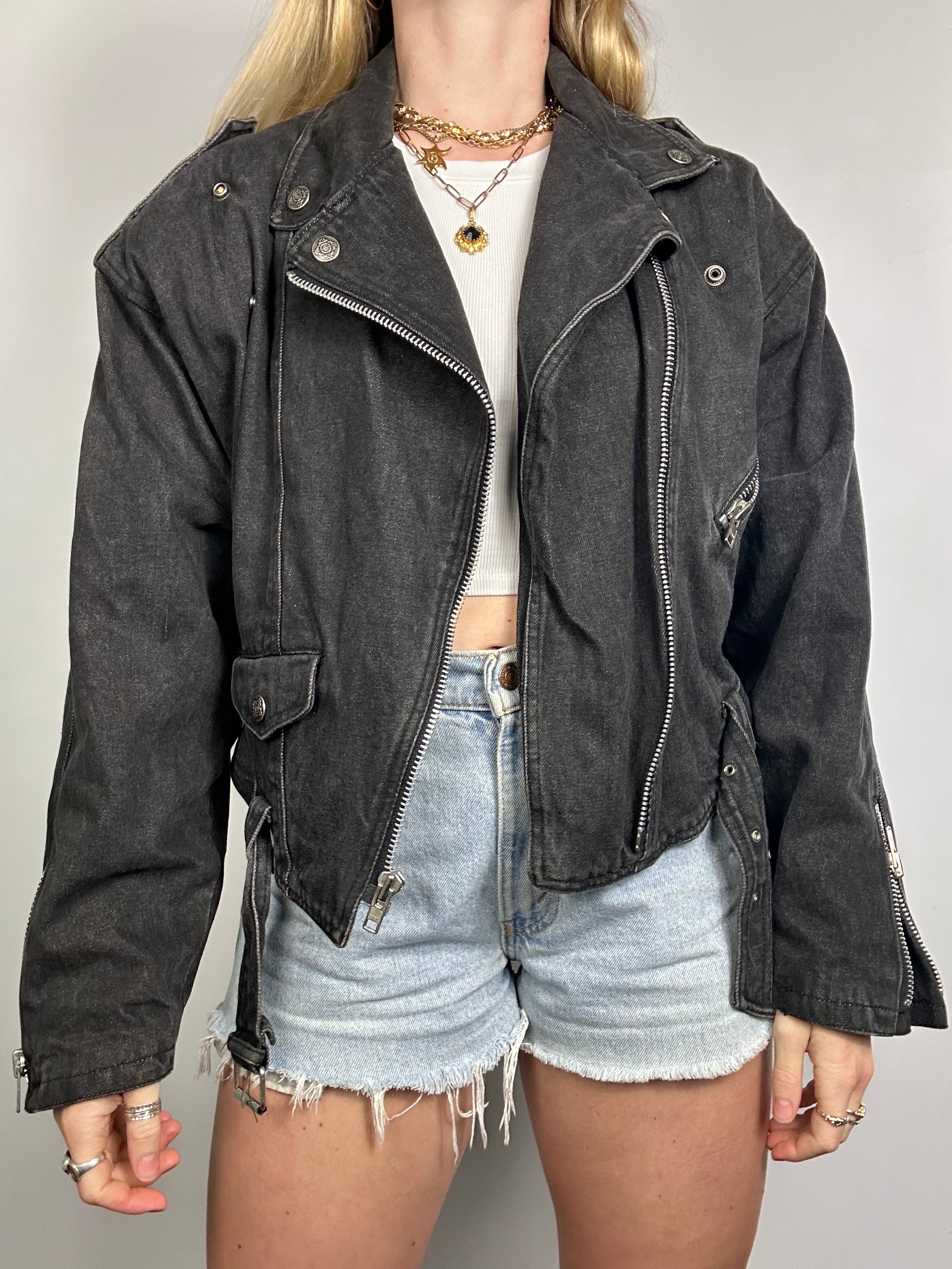 Denim 80's Black Biker Jacket Size 12