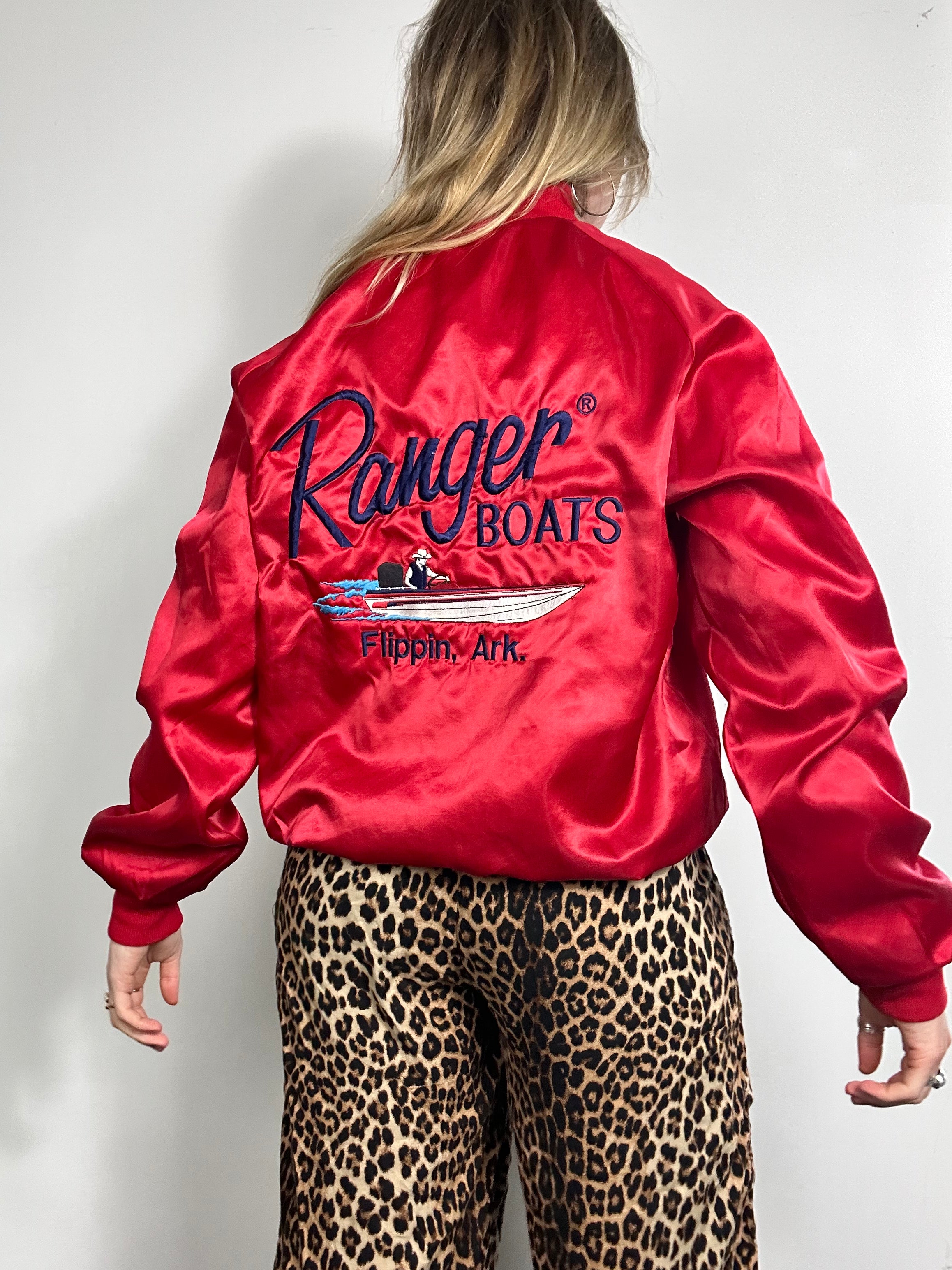 Red Satin Ranger Boat Bomber Size 10