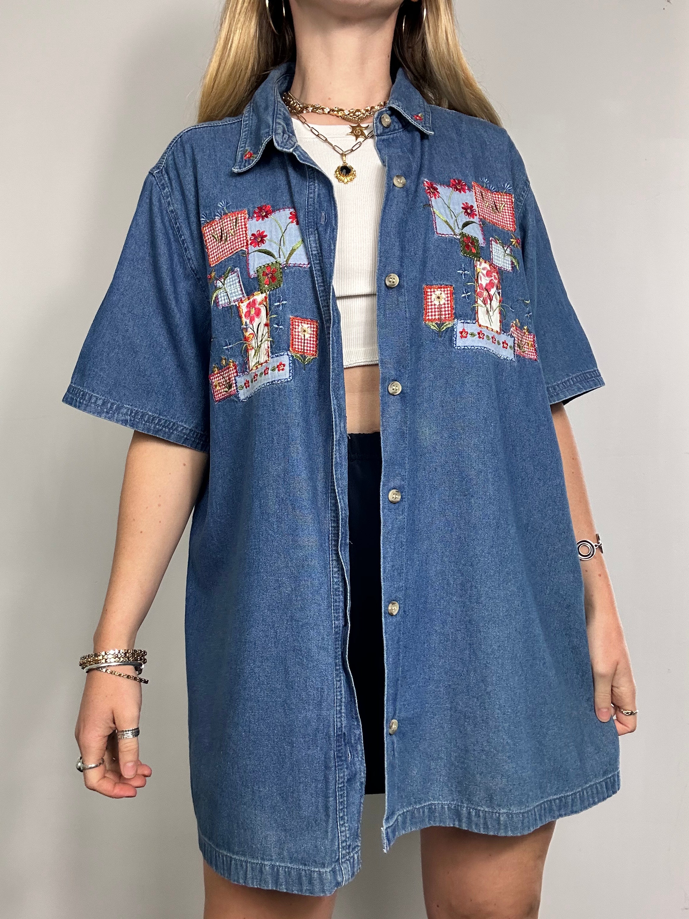 Patchwork Denim Embroidered Shirt Size Xl
