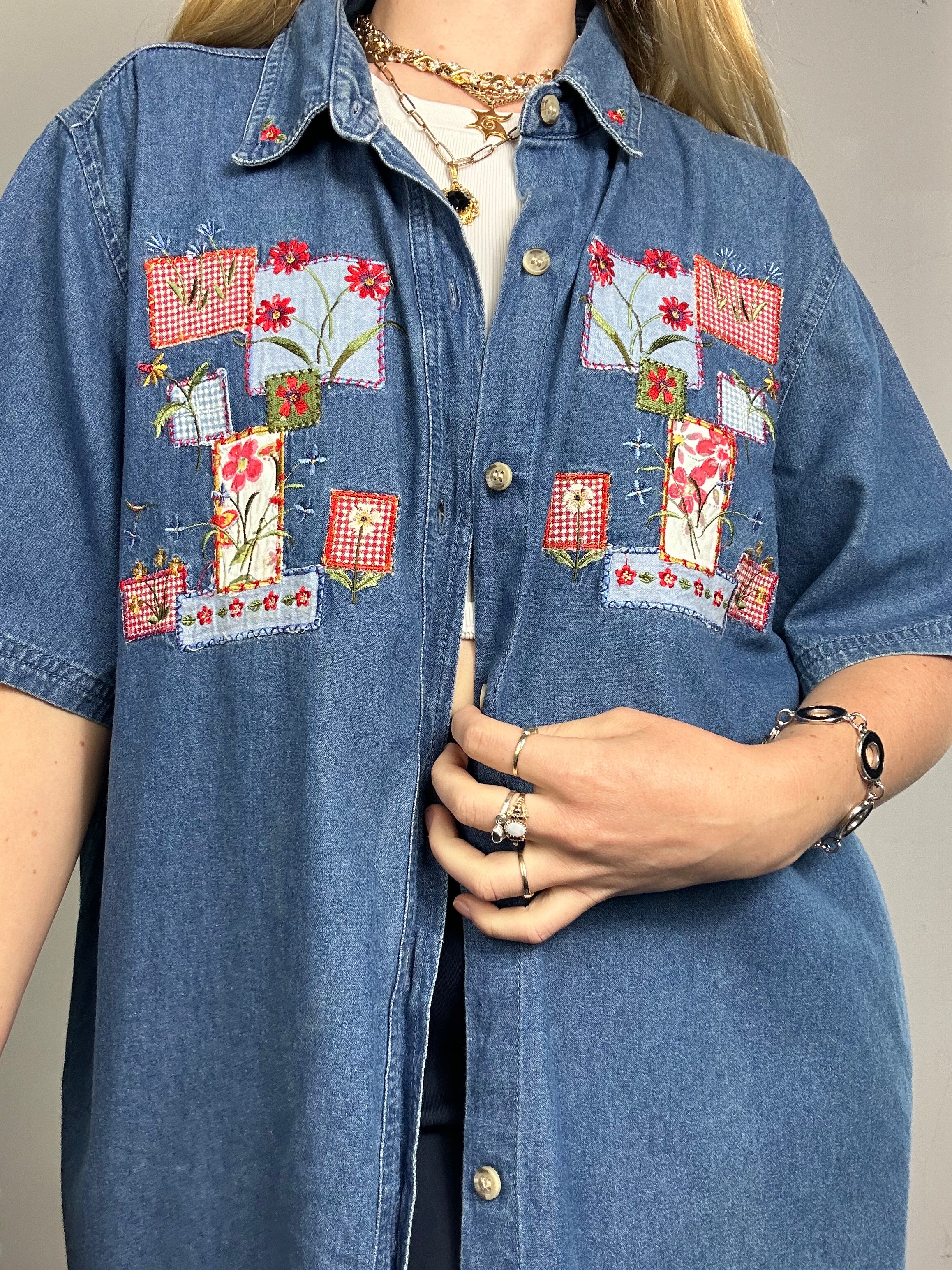 Patchwork Denim Embroidered Shirt Size Xl