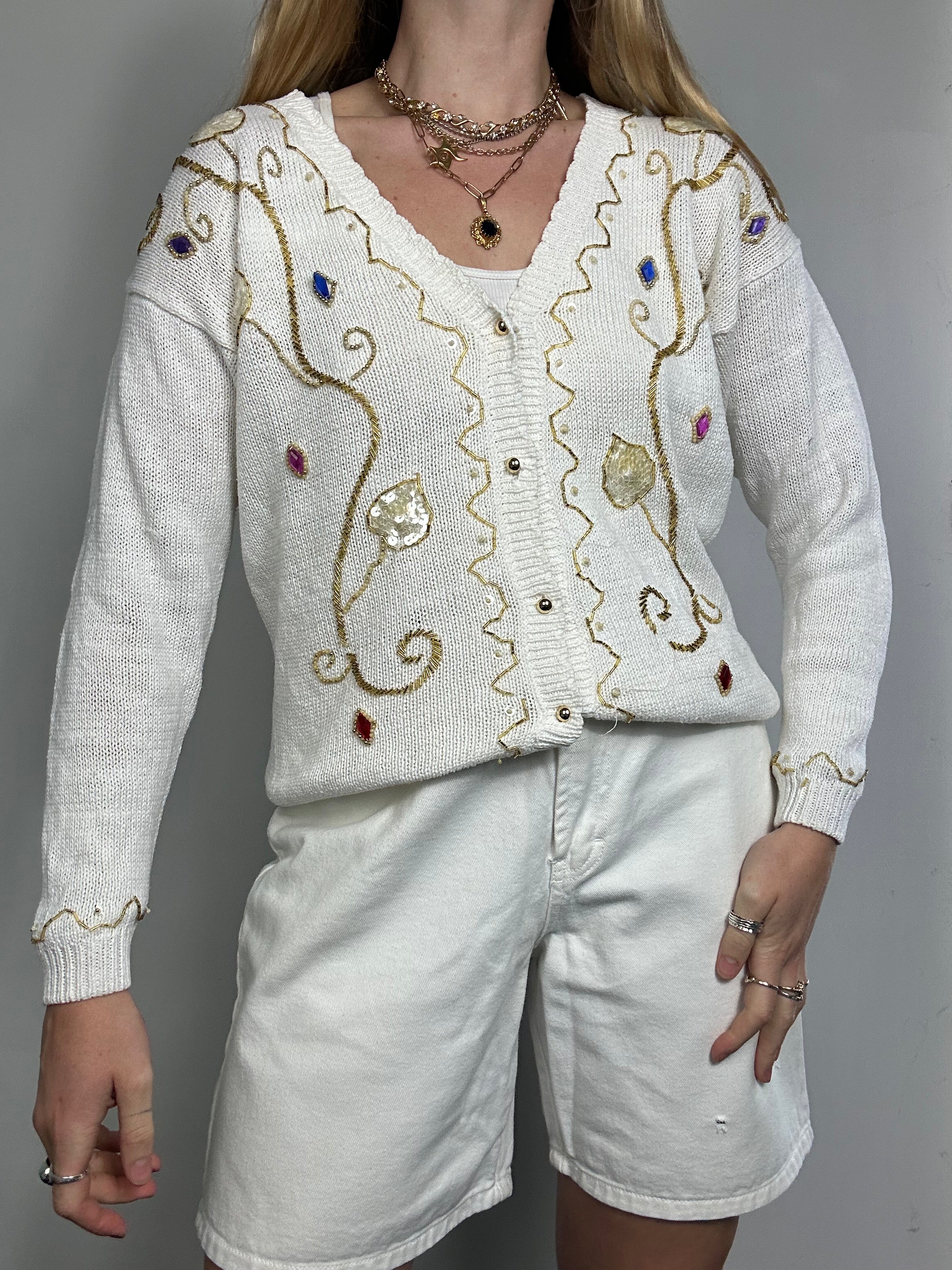 80's White Embellished Cadigan Size 10