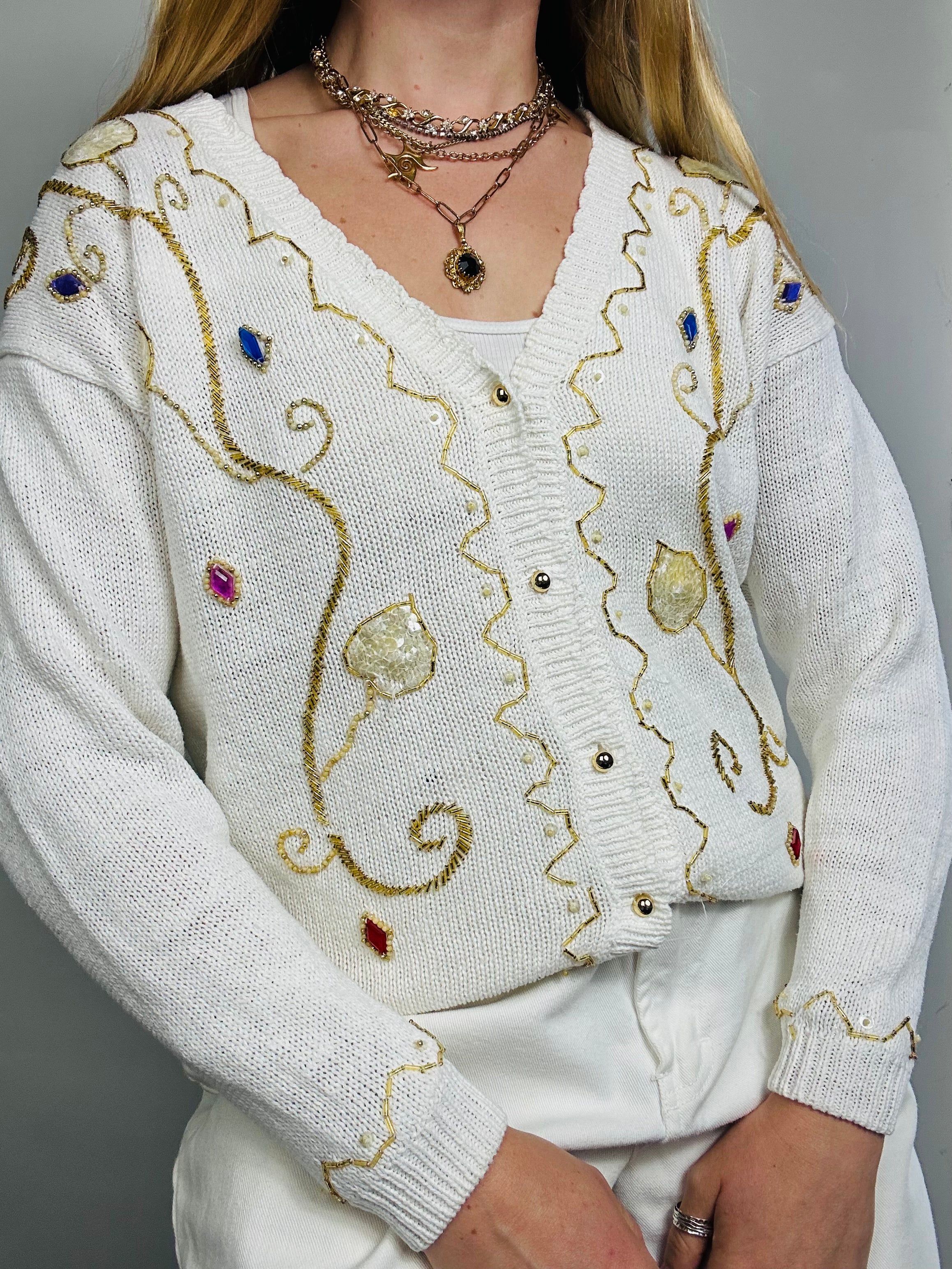 80's White Embellished Cadigan Size 10
