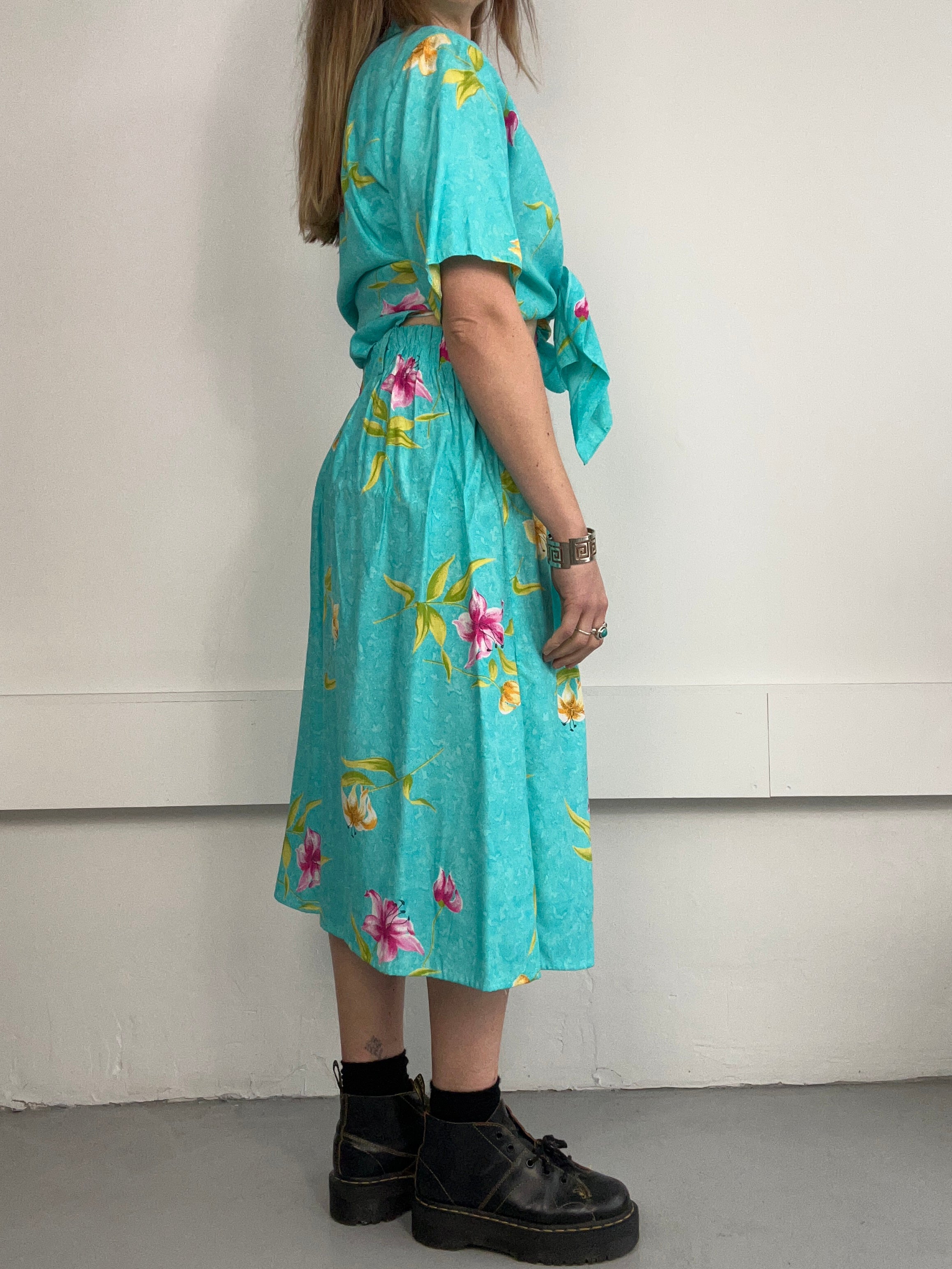 Blue Floral Shirt And Skirt Set 90's Size 10/12