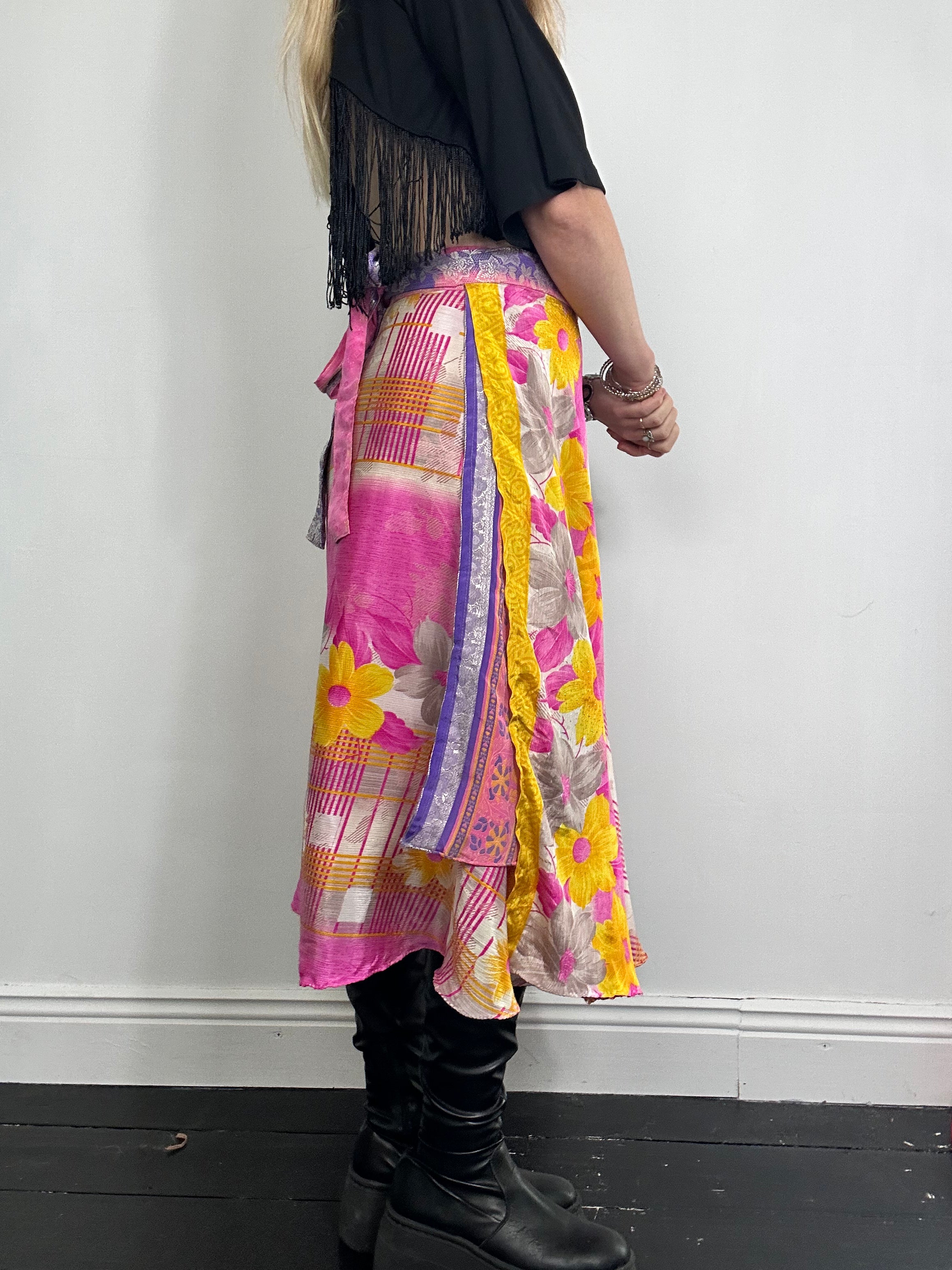 Pink Silk floral Wrap Skirt One Size Fits All