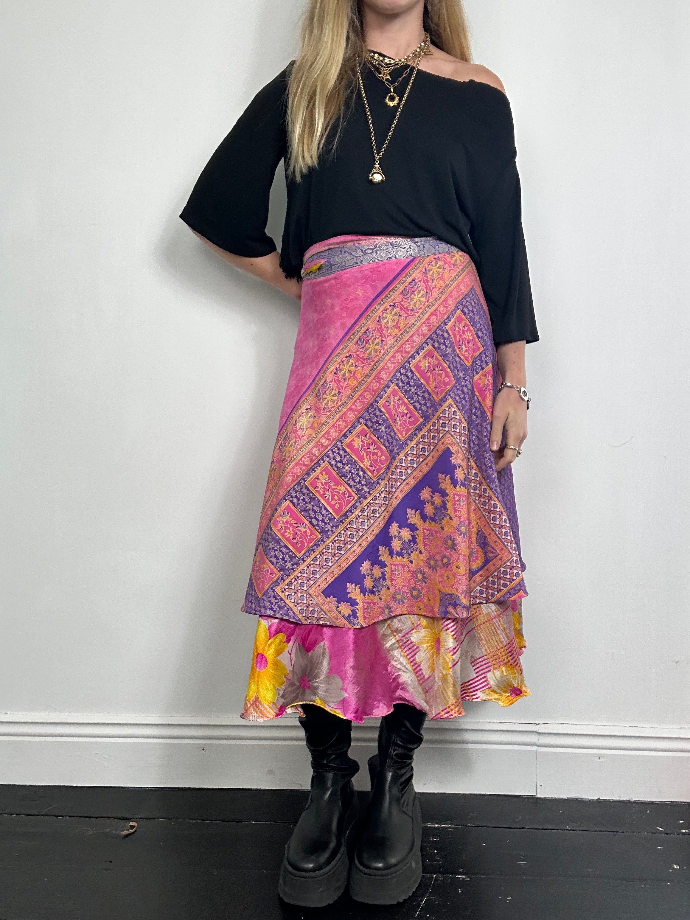 Pink Silk floral Wrap Skirt One Size Fits All