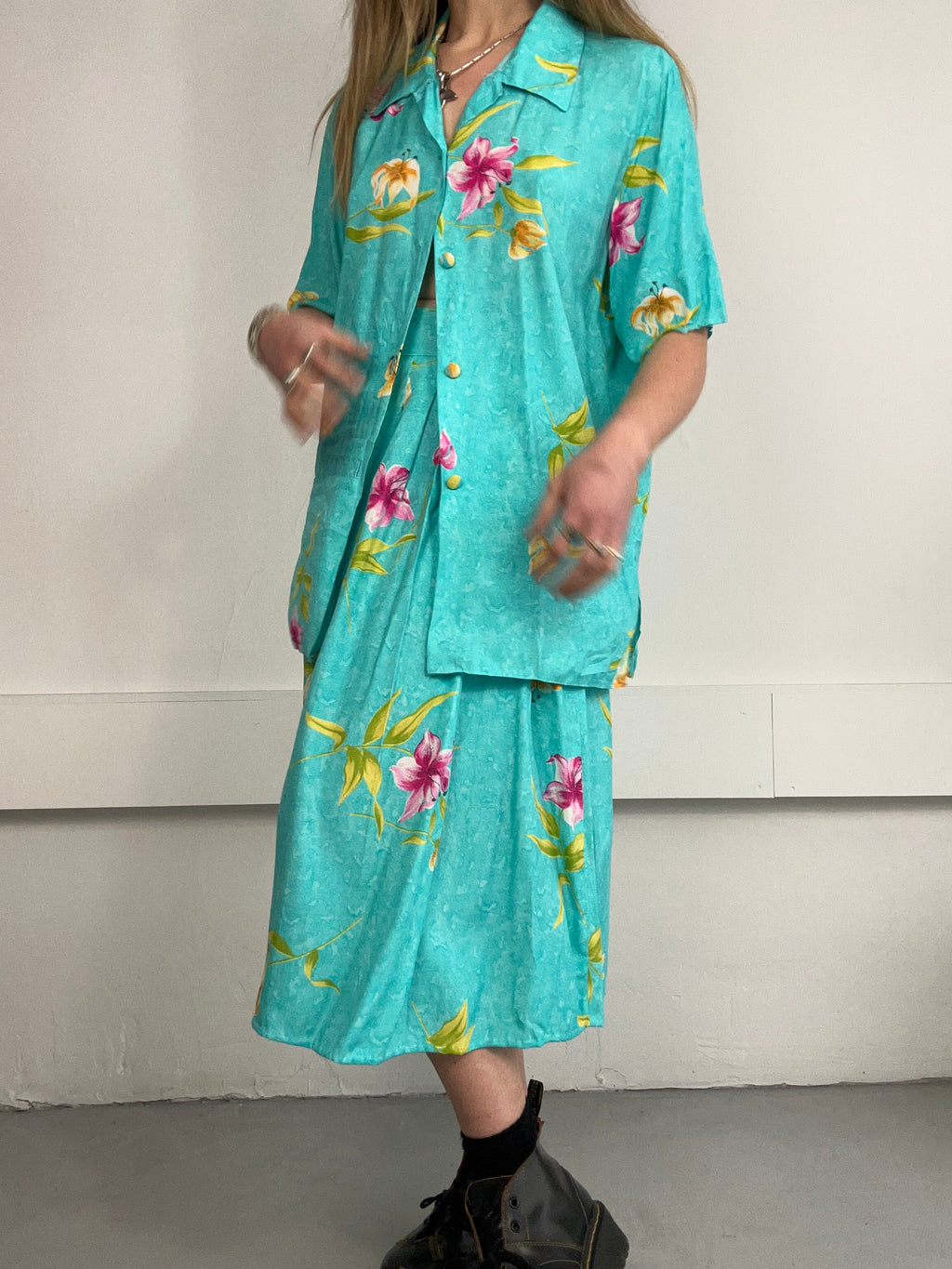 Blue Floral Shirt And Skirt Set 90's Size 10/12