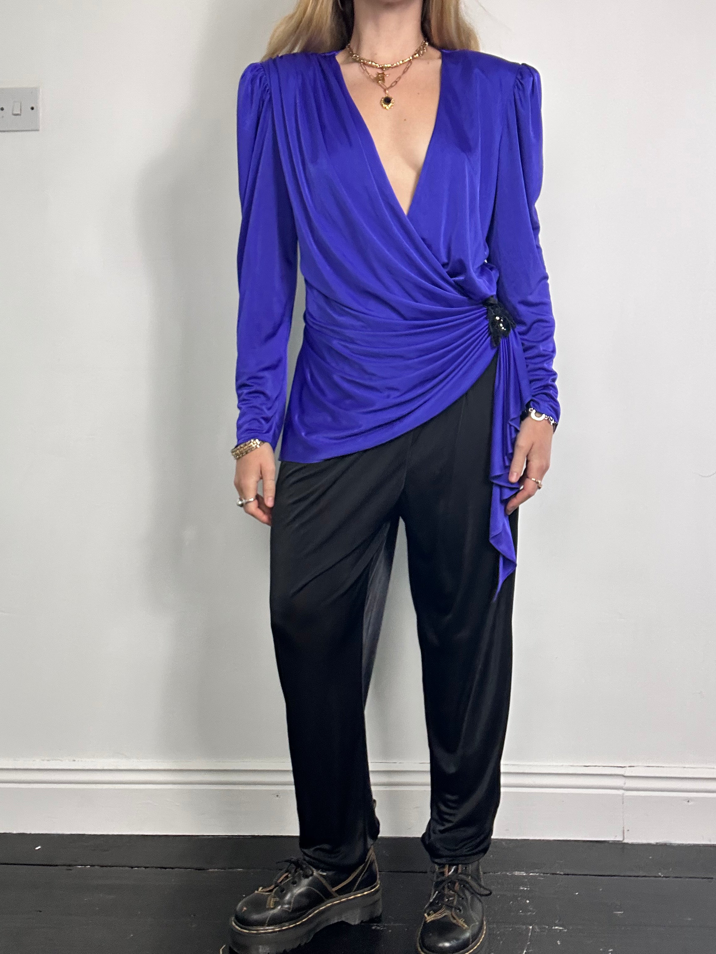 80's Purple V Neck Jumpsuit Size 12