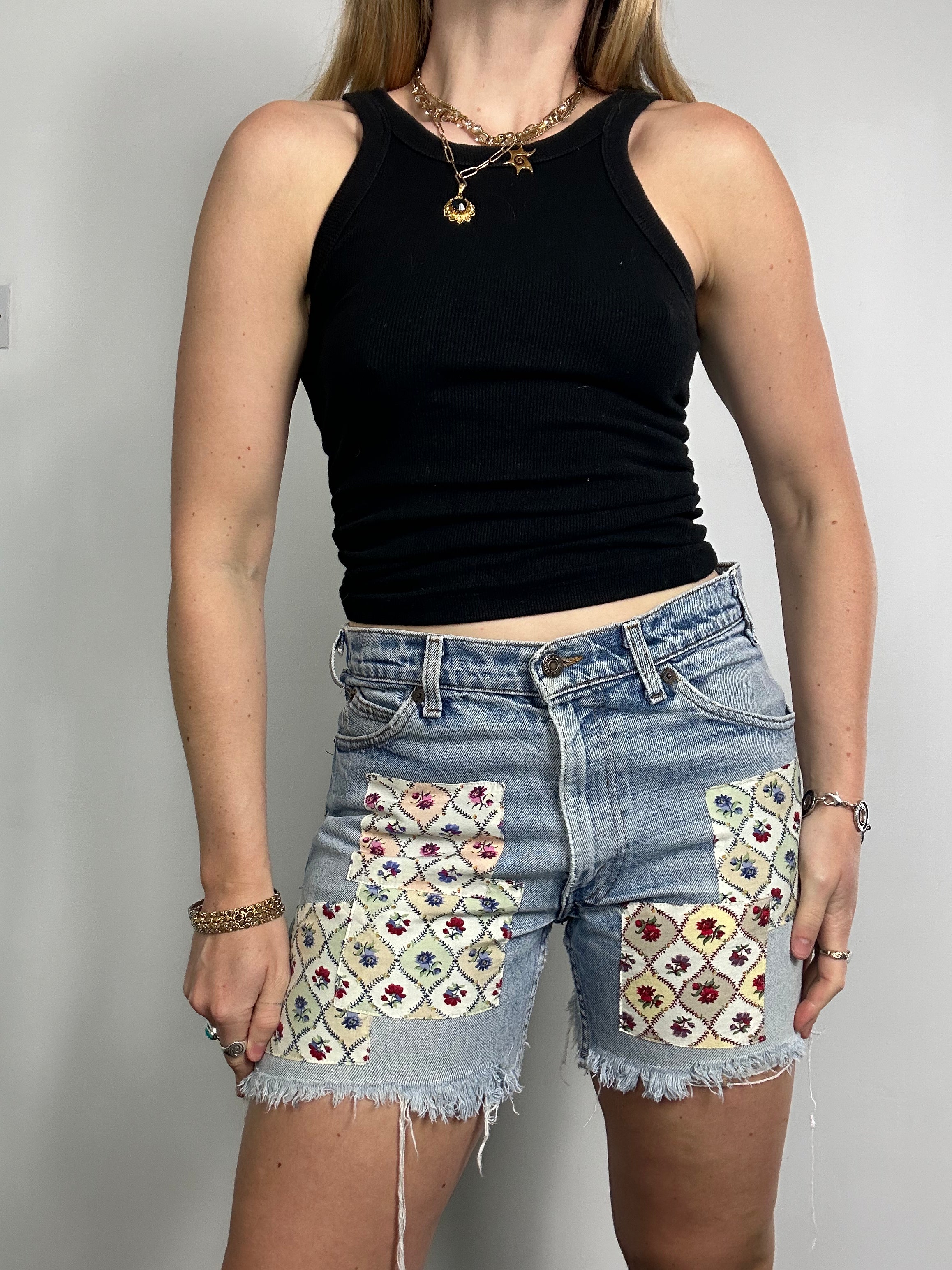 Patchwork Denim Cut Off Shorts Size 8