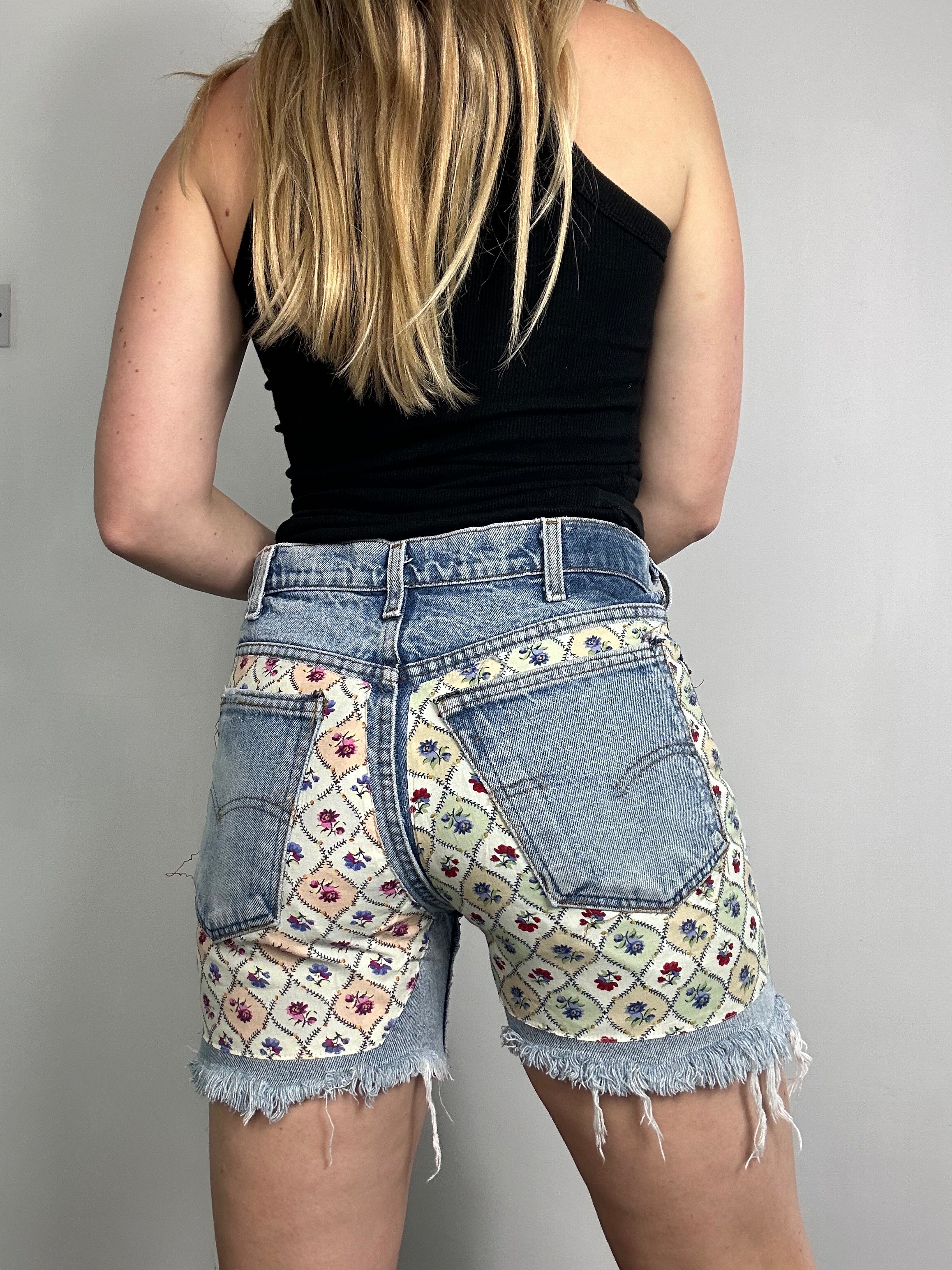 Patchwork Denim Cut Off Shorts Size 8