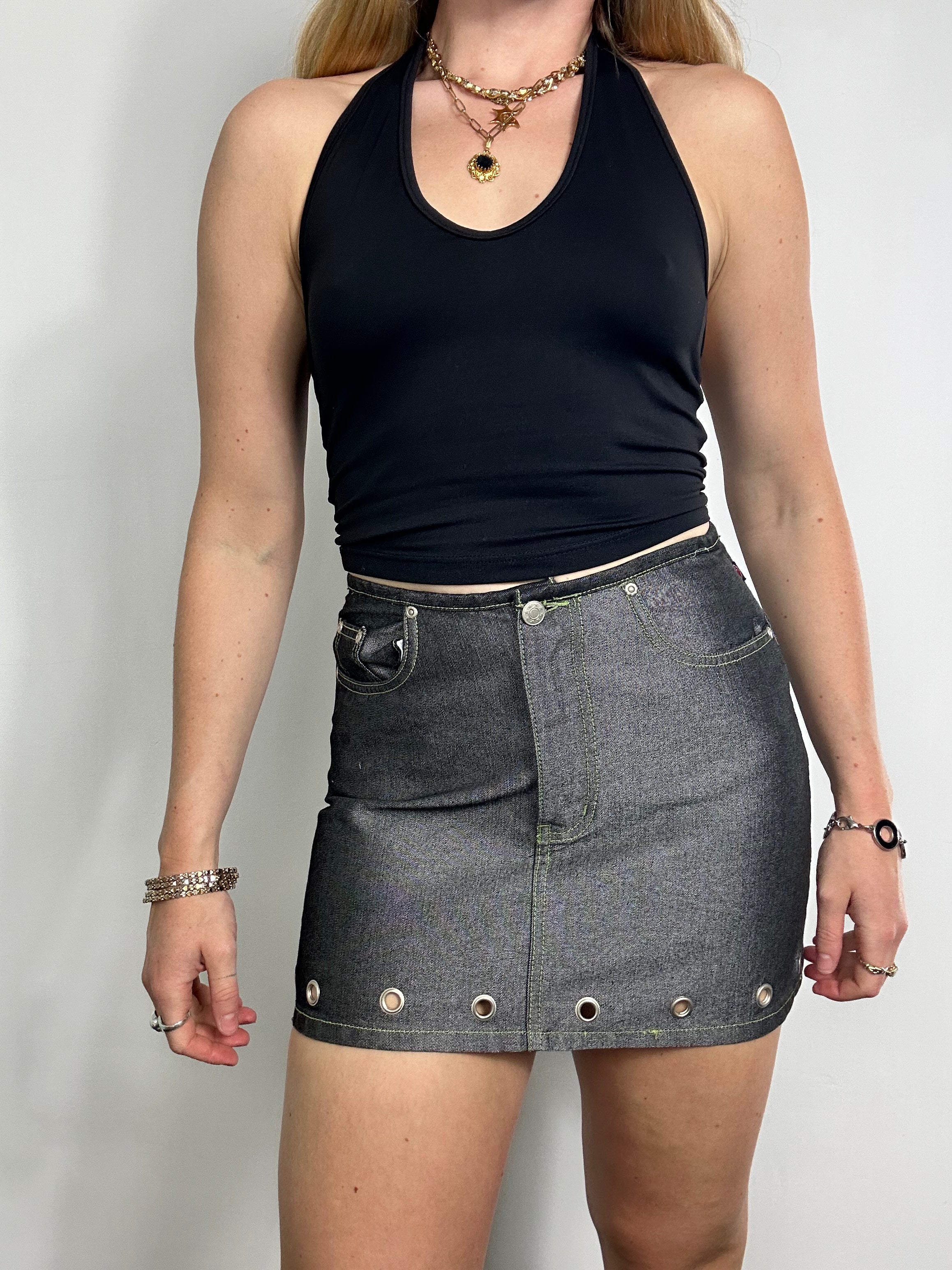 Denim Mini Skirt Eyelets Size 8