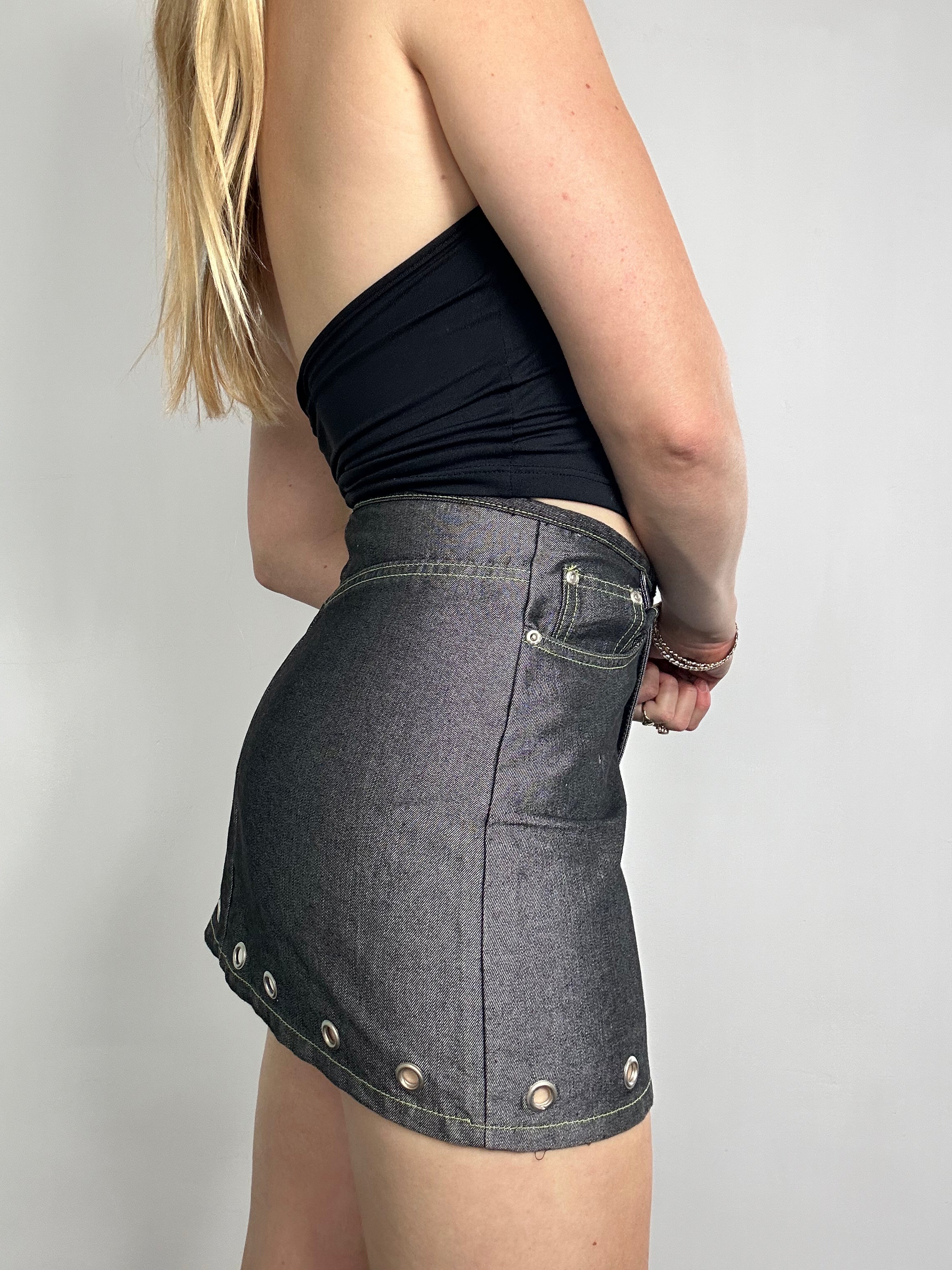 Denim Mini Skirt Eyelets Size 8