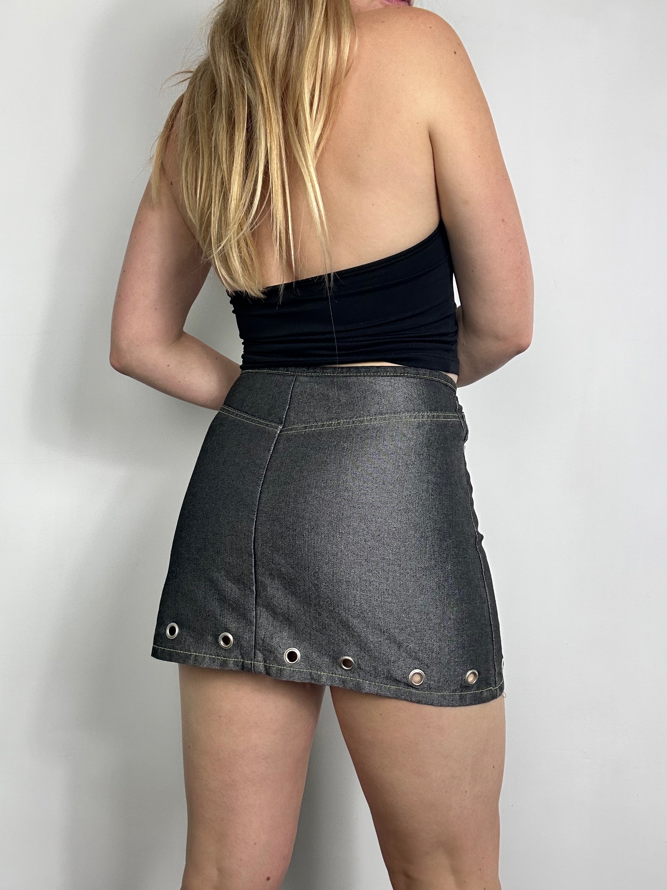 Denim Mini Skirt Eyelets Size 8