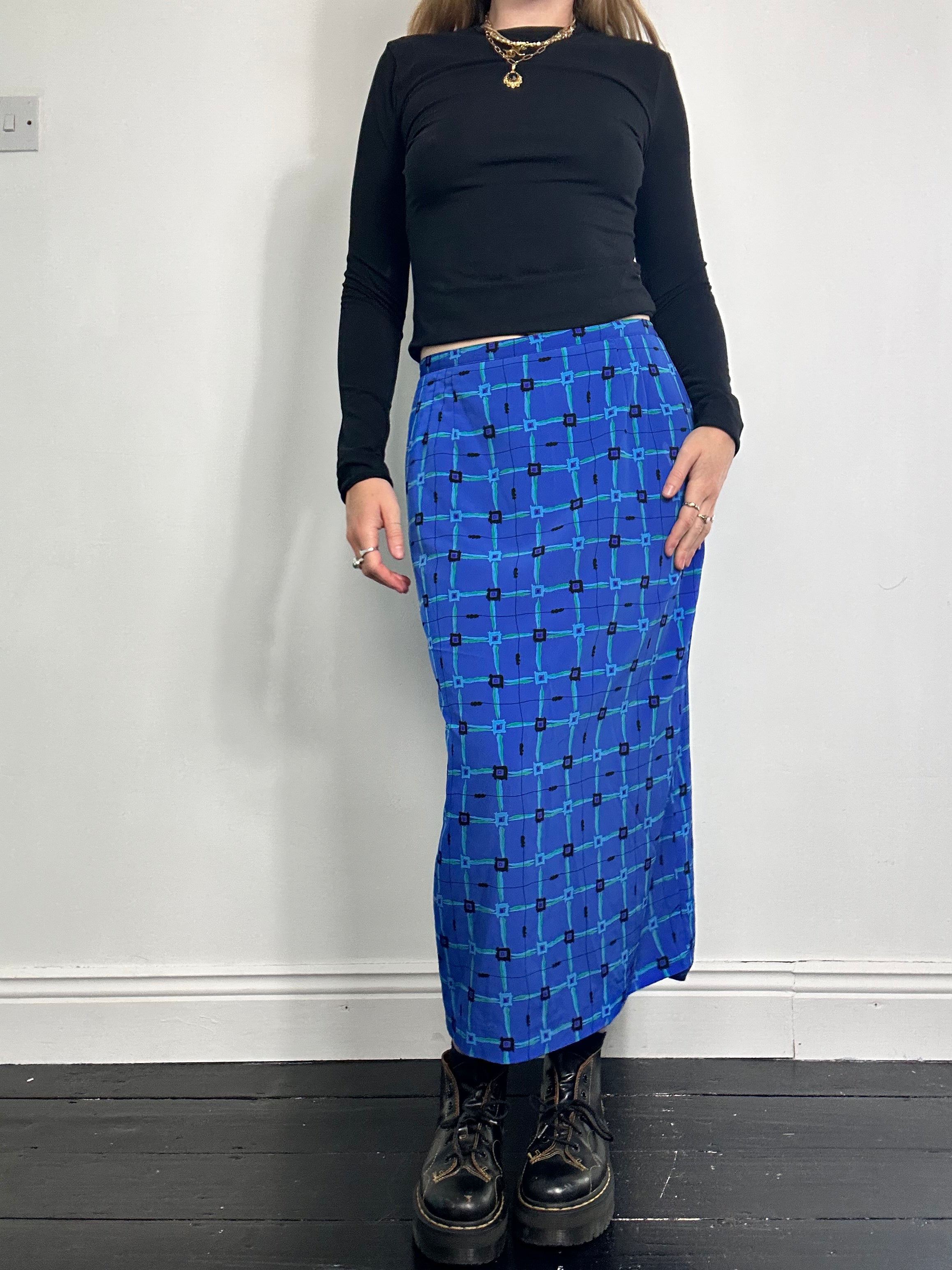 Blue Geo print Midi Skirt Size 8