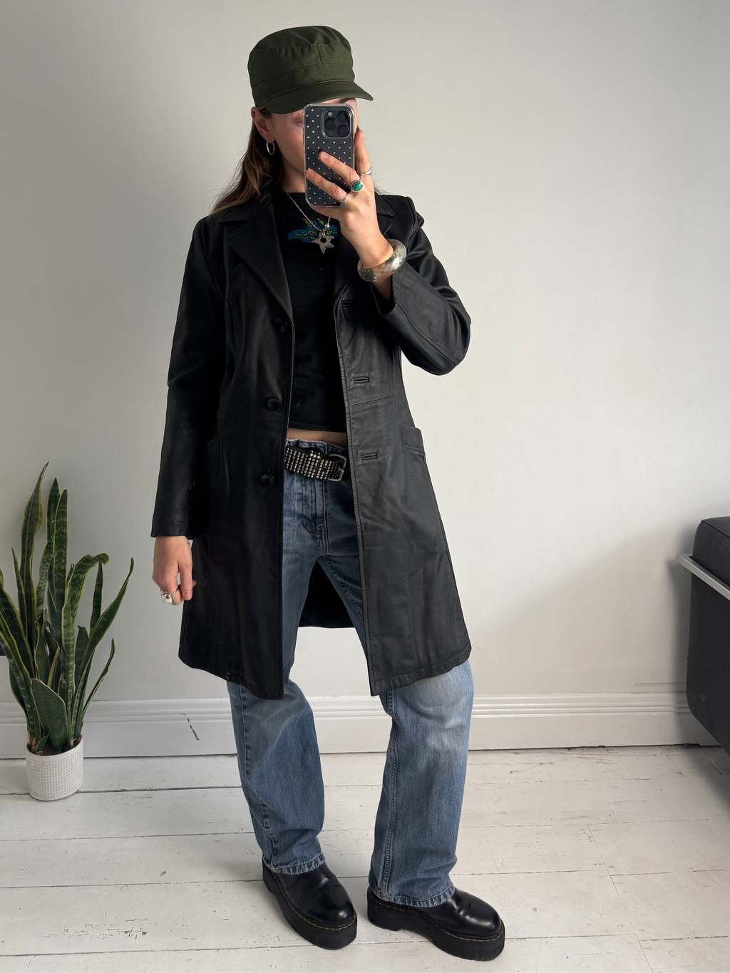 Black 80's Leather Coat Size 10/12