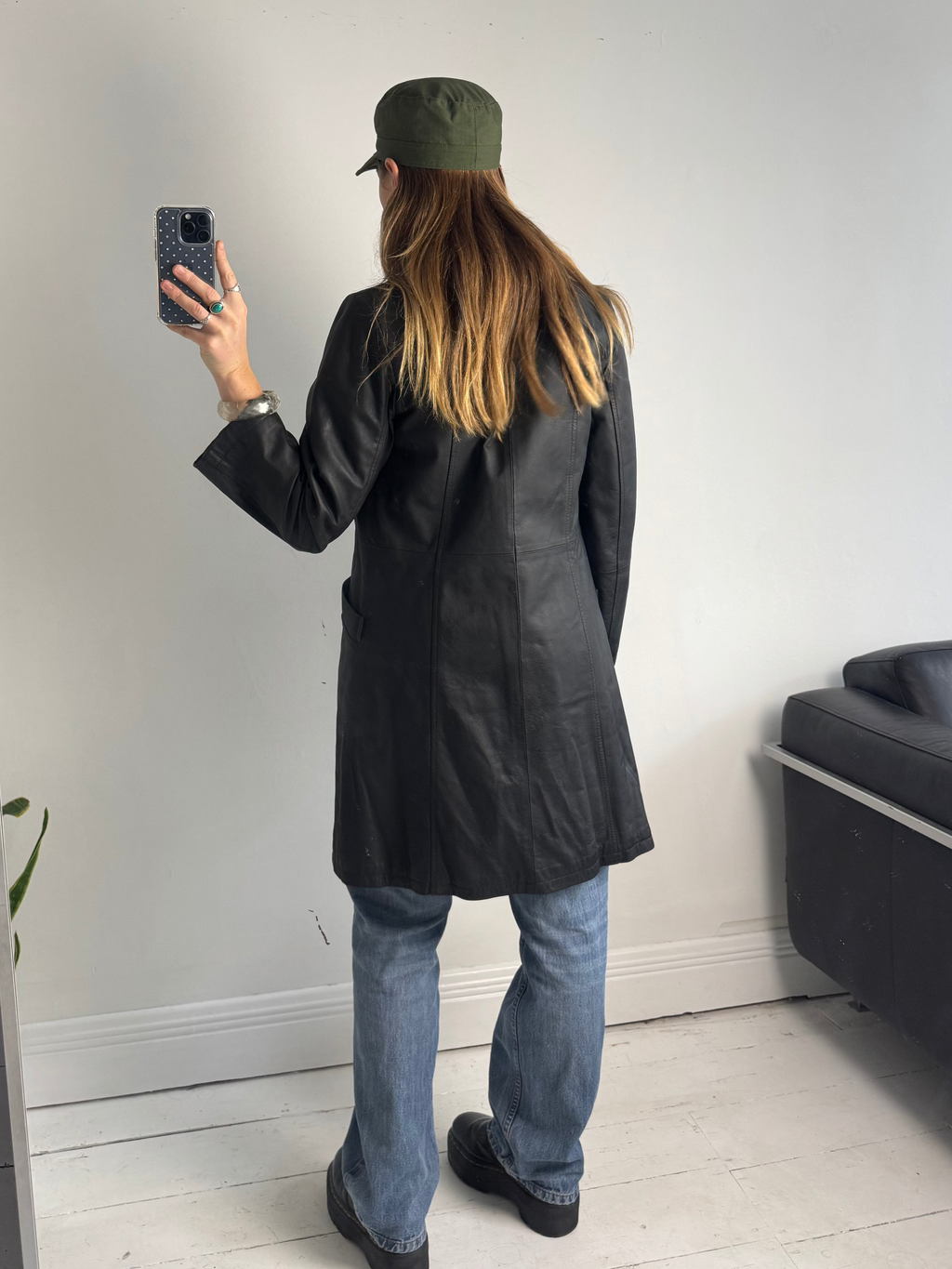 Black 80's Leather Coat Size 10/12