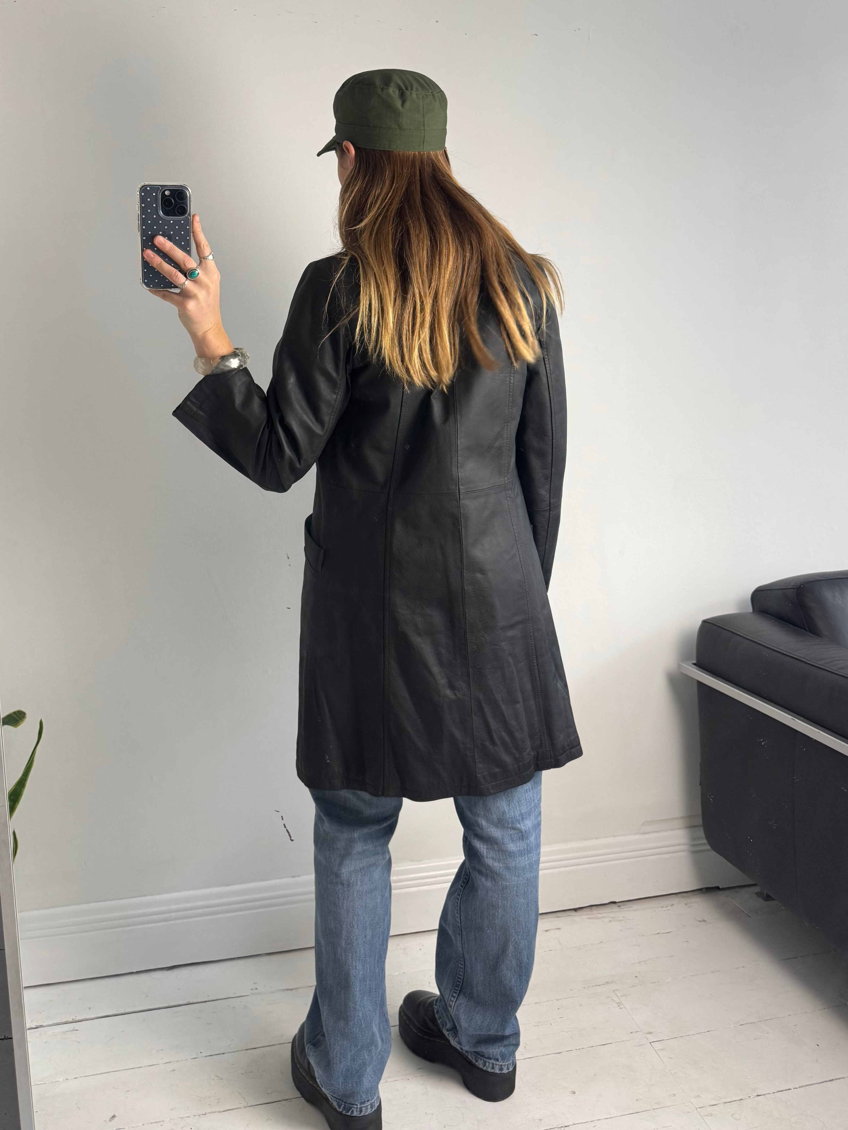 Black 80's Leather Coat Size 10/12