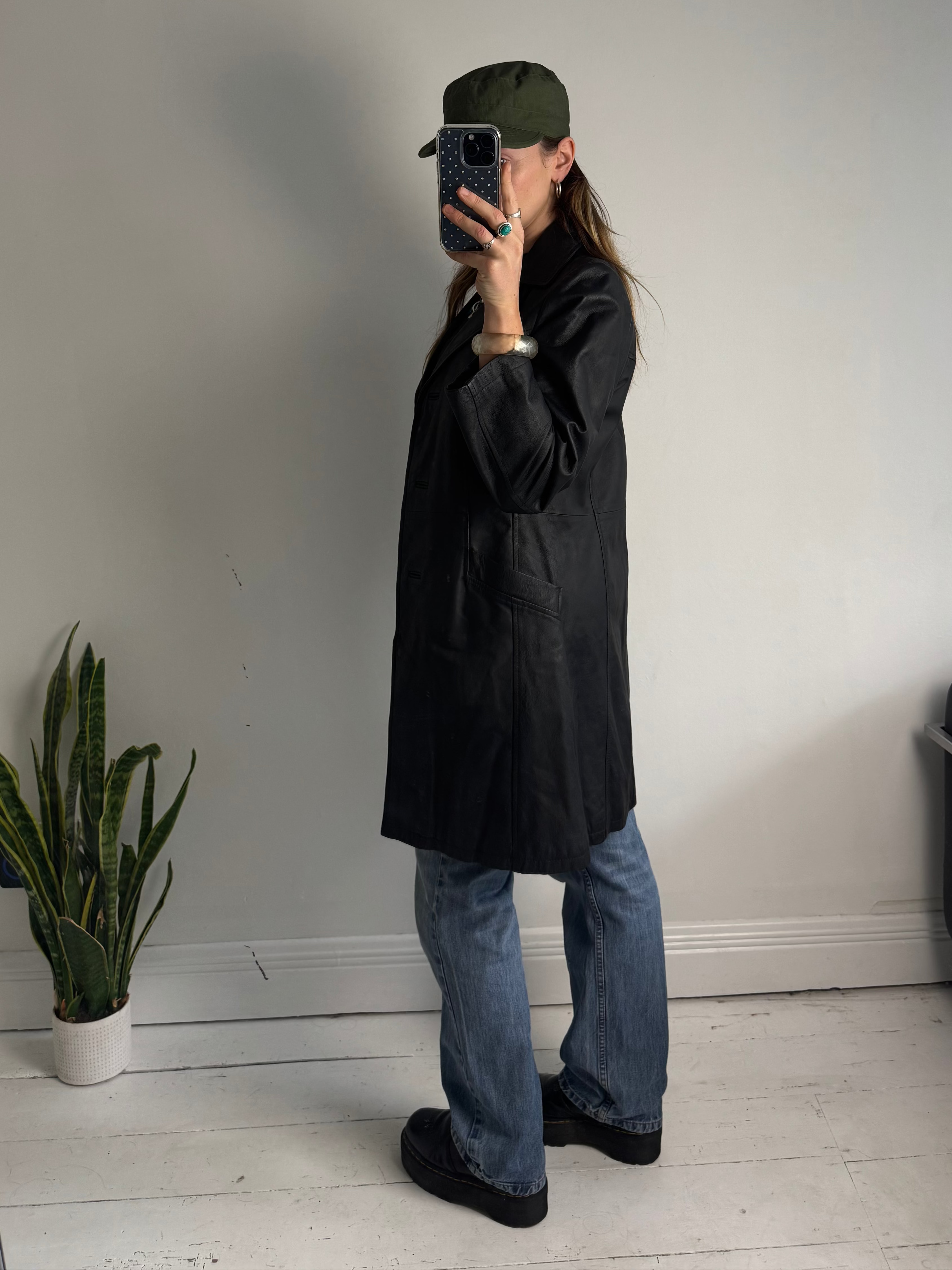 Black 80's Leather Coat Size 10/12