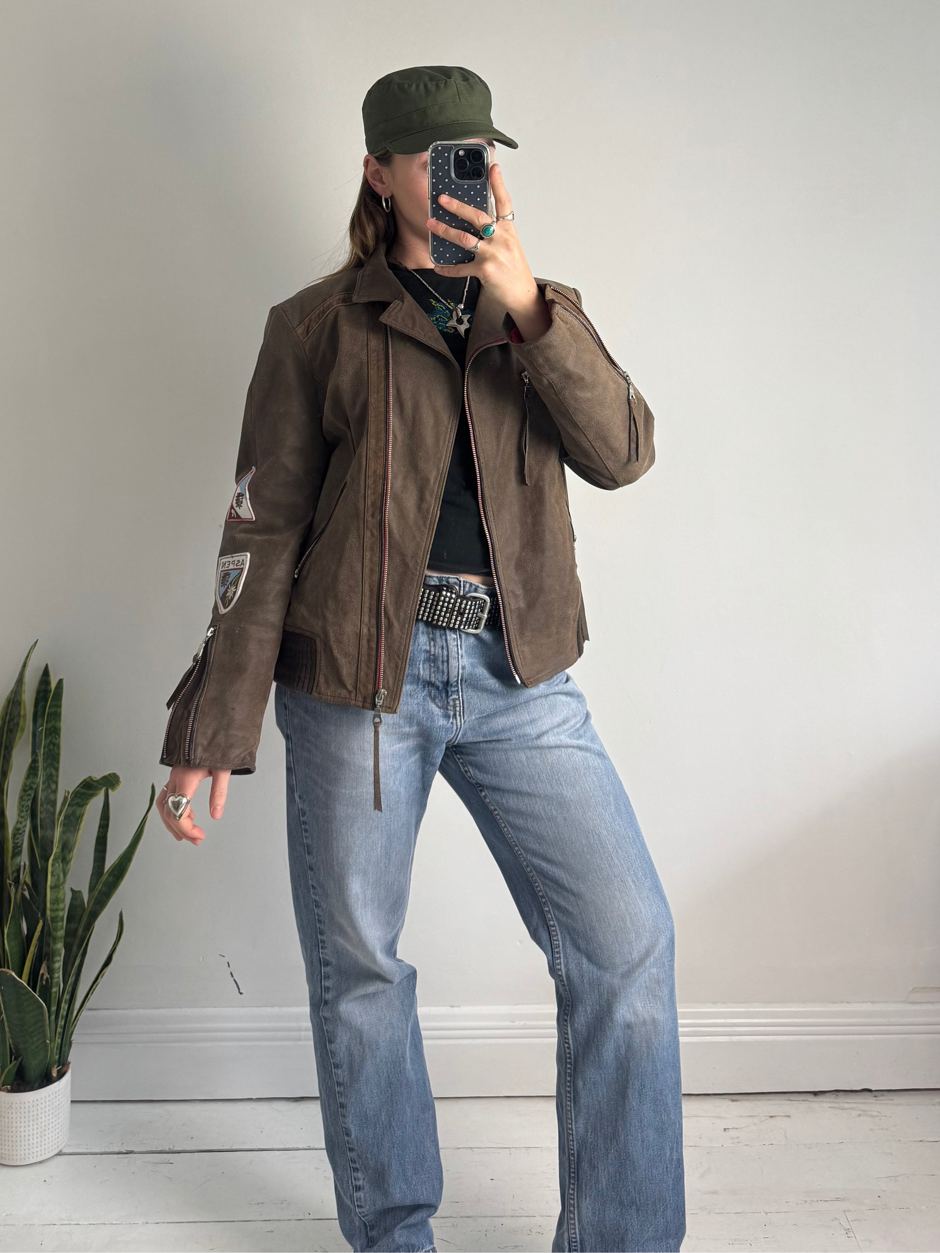 Brown Leather Aspen Biker Jacket Size S/M