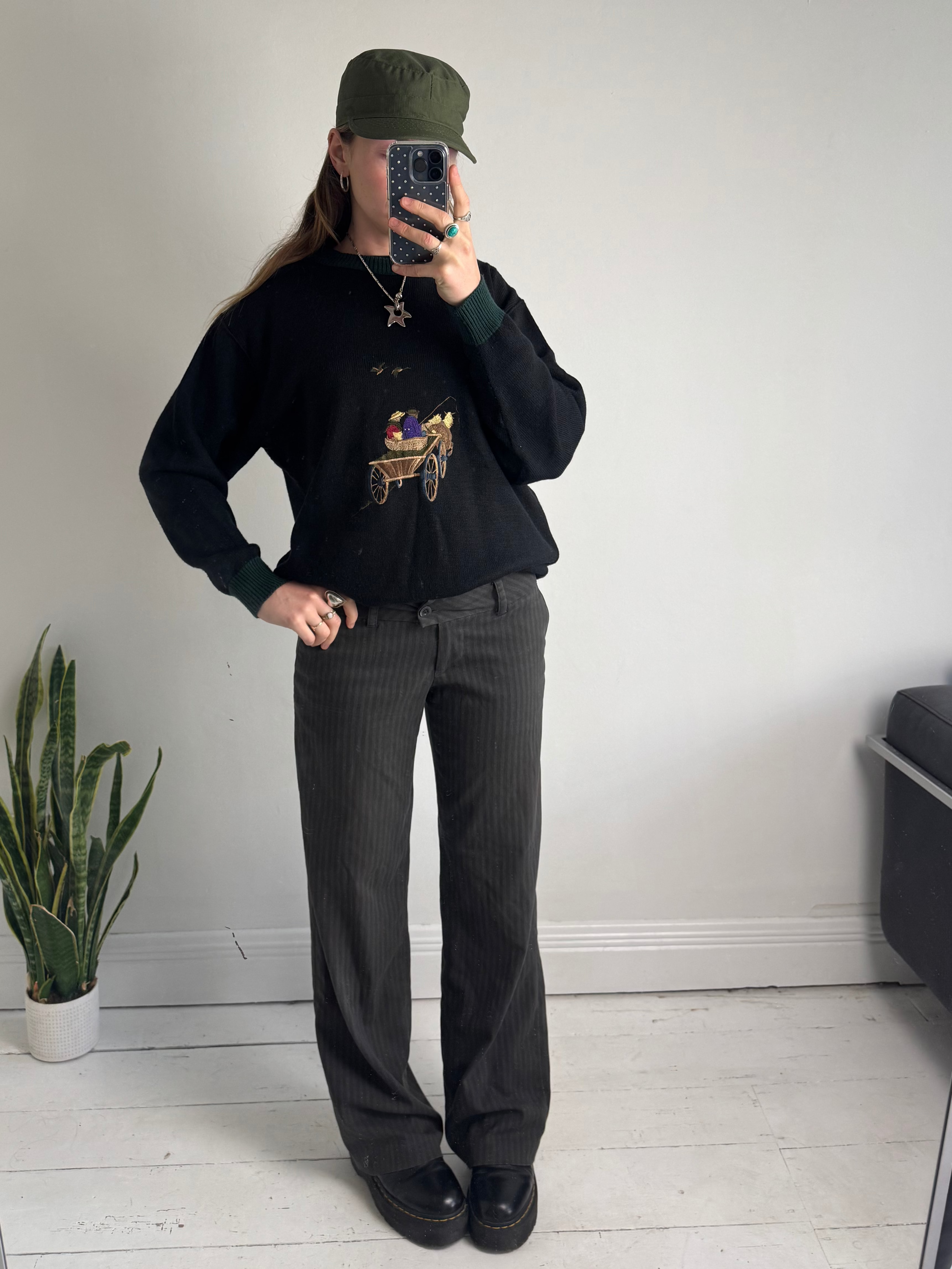 Embroidered Horse And Trap Black Sweater Size M