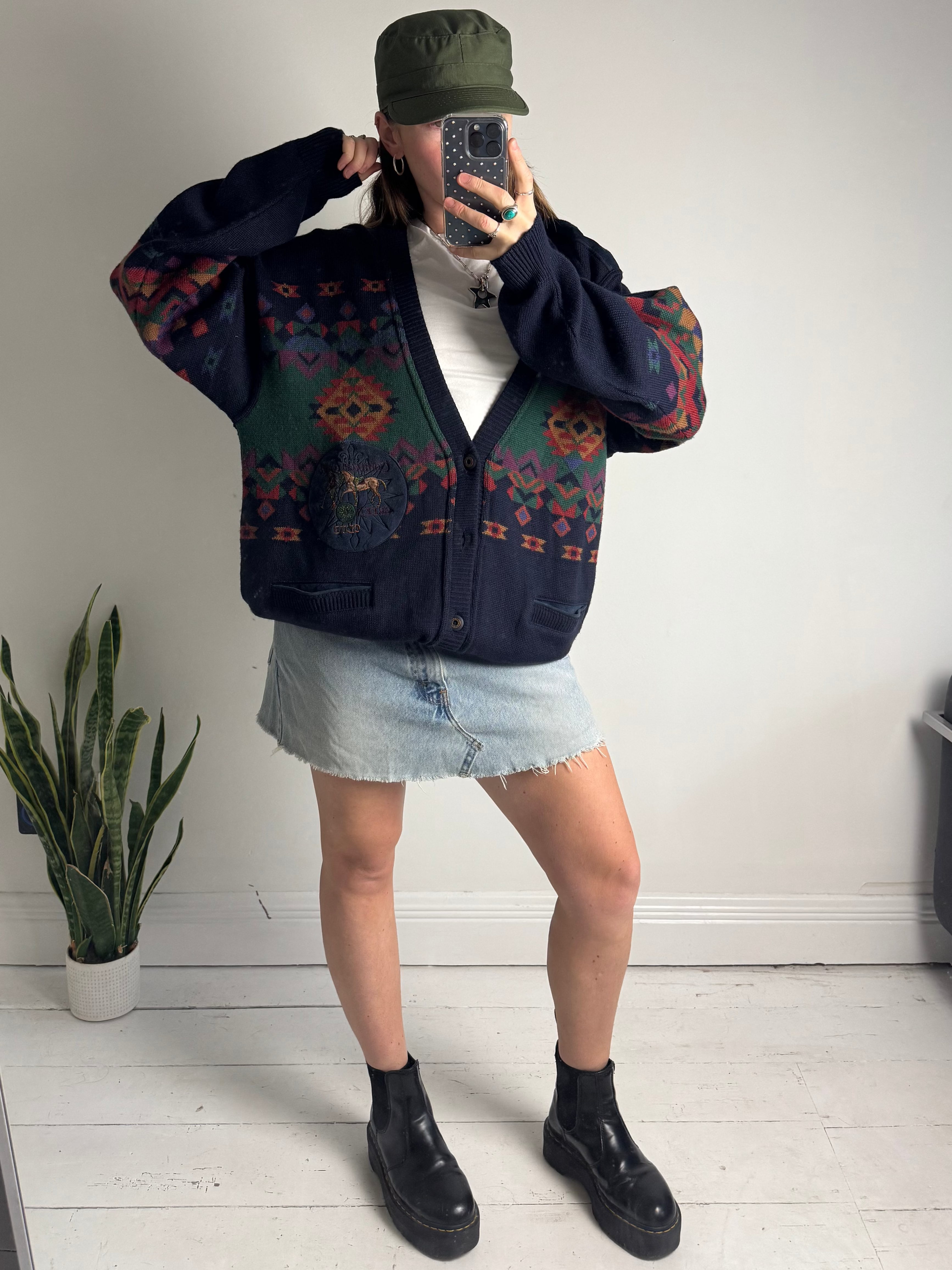 Navy Aztec 80's Cardi Size L