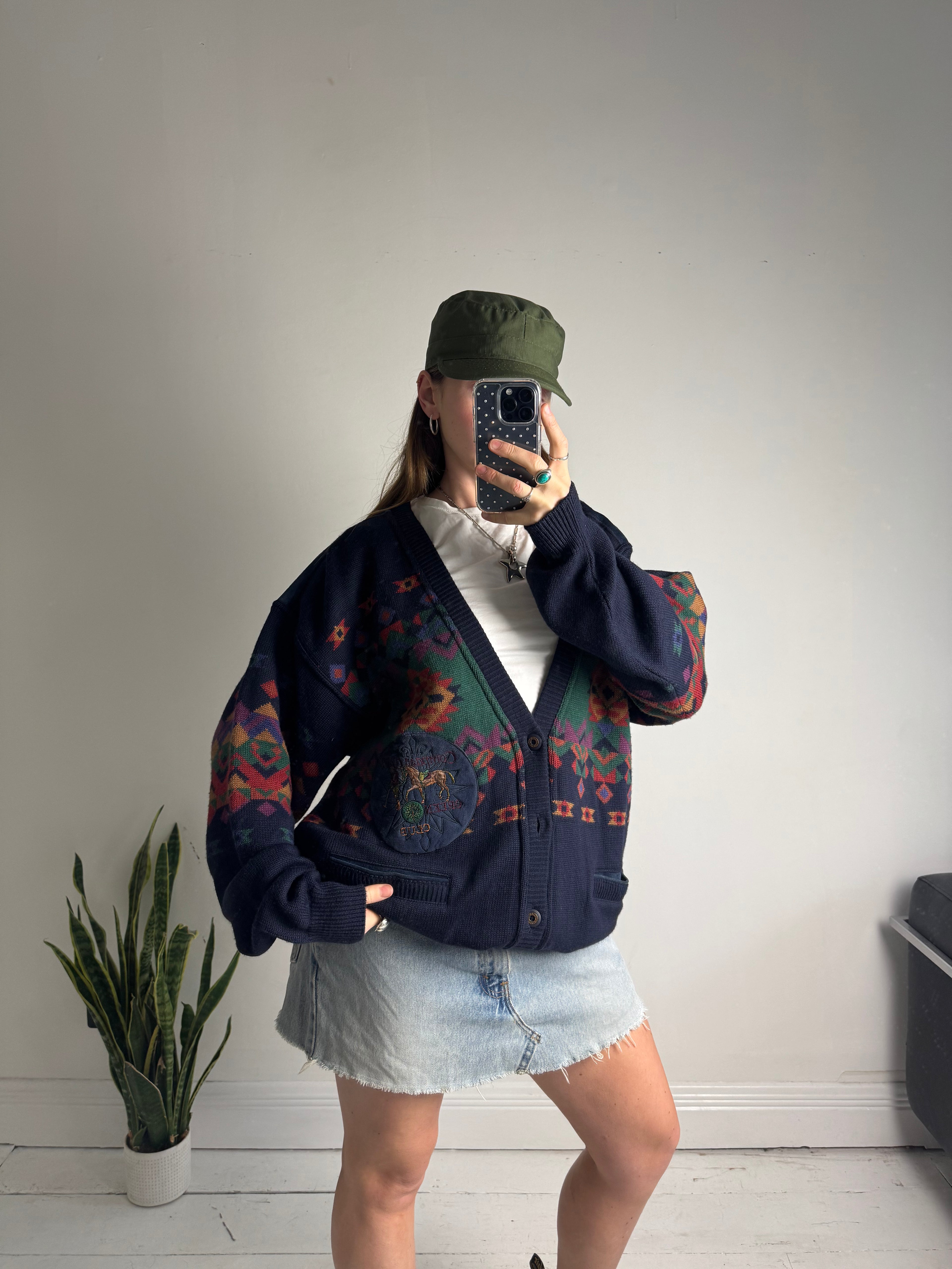 Navy Aztec 80's Cardi Size L