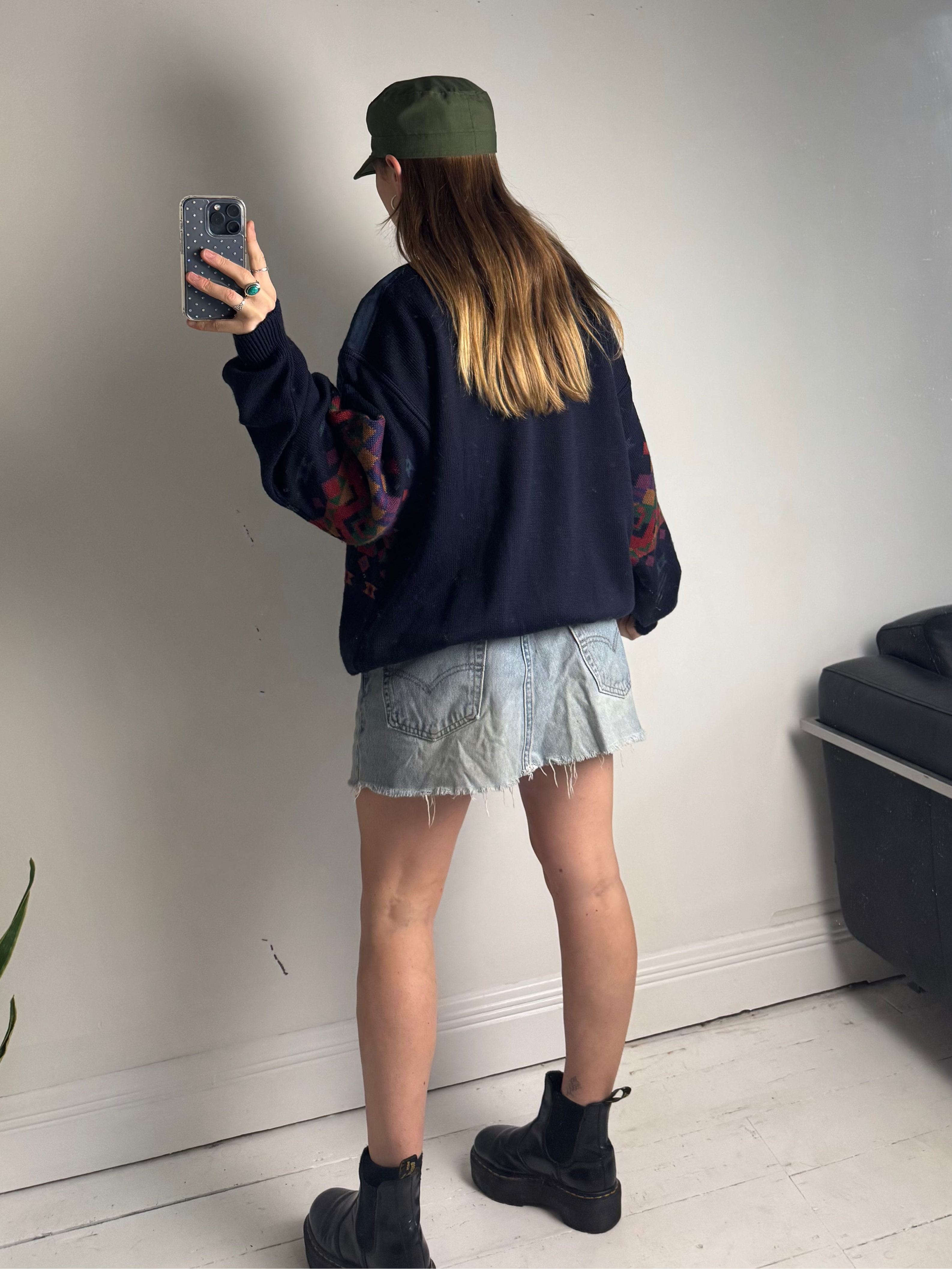 Navy Aztec 80's Cardi Size L