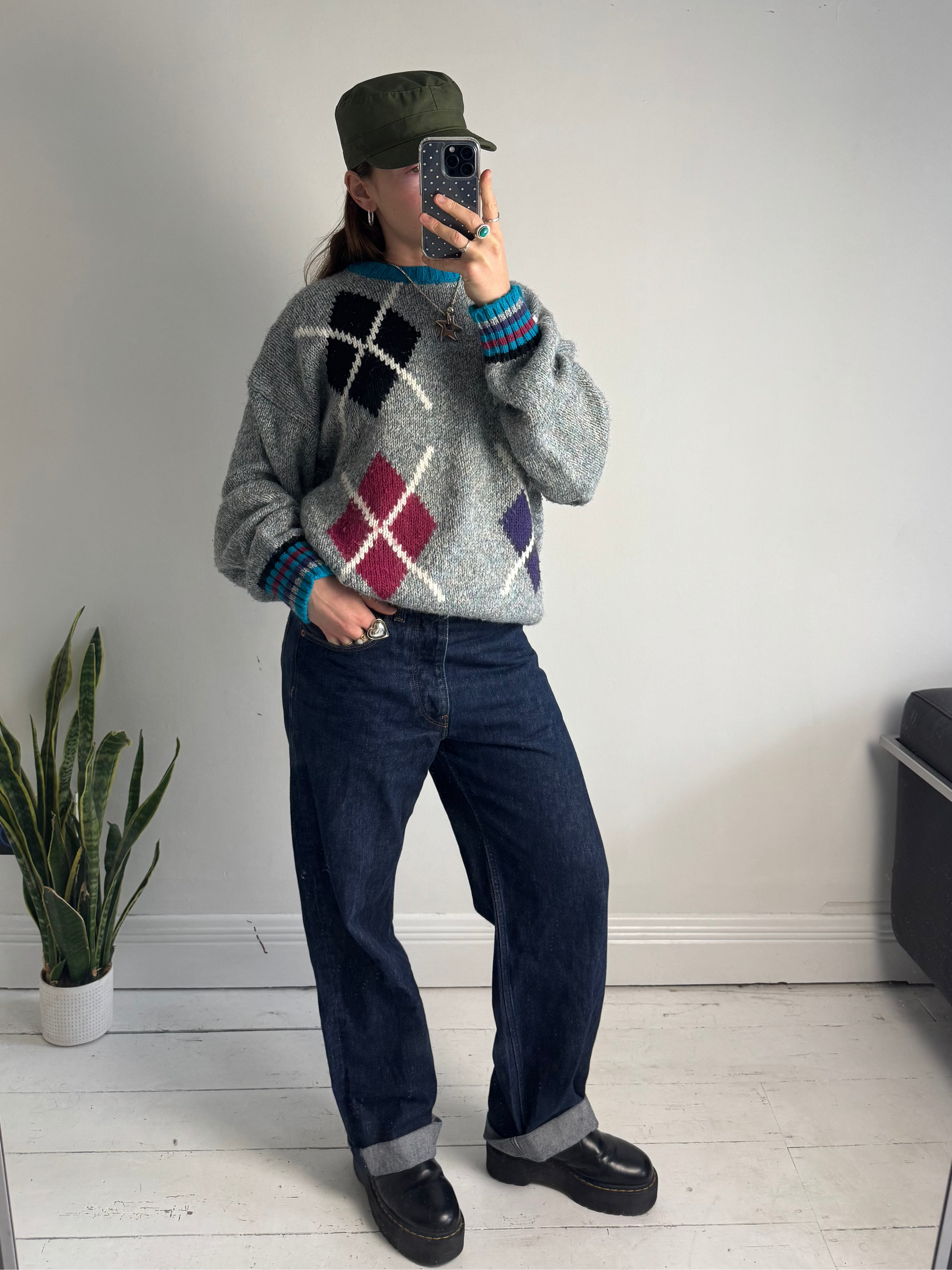 80's Diamond Knitted Sweater Size L