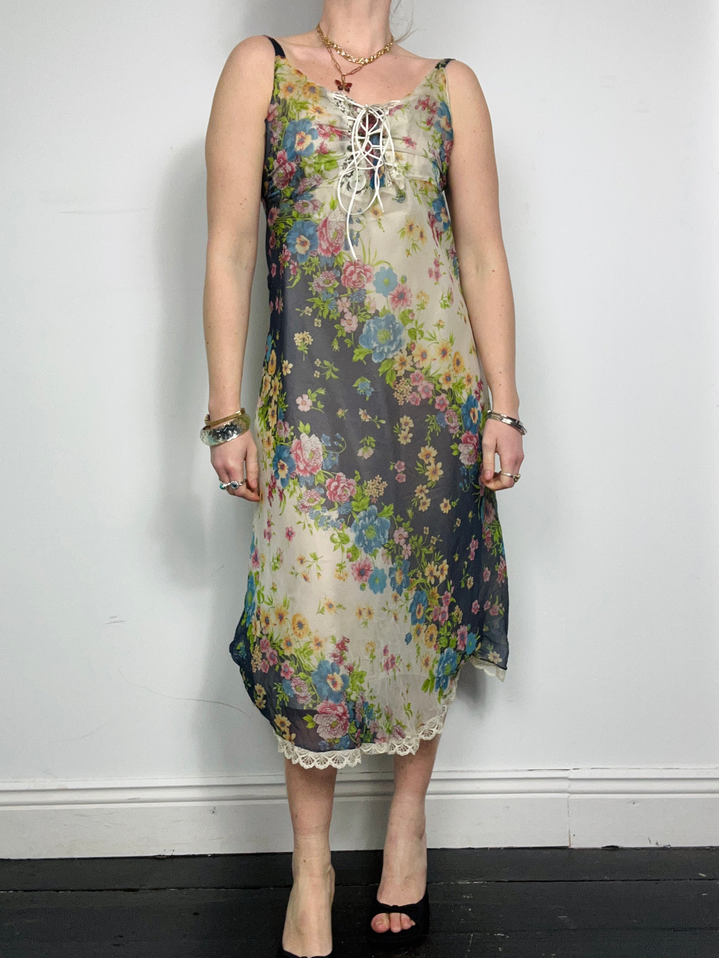 Chiffon Croset tie Floral Slip Dress Size 12/14